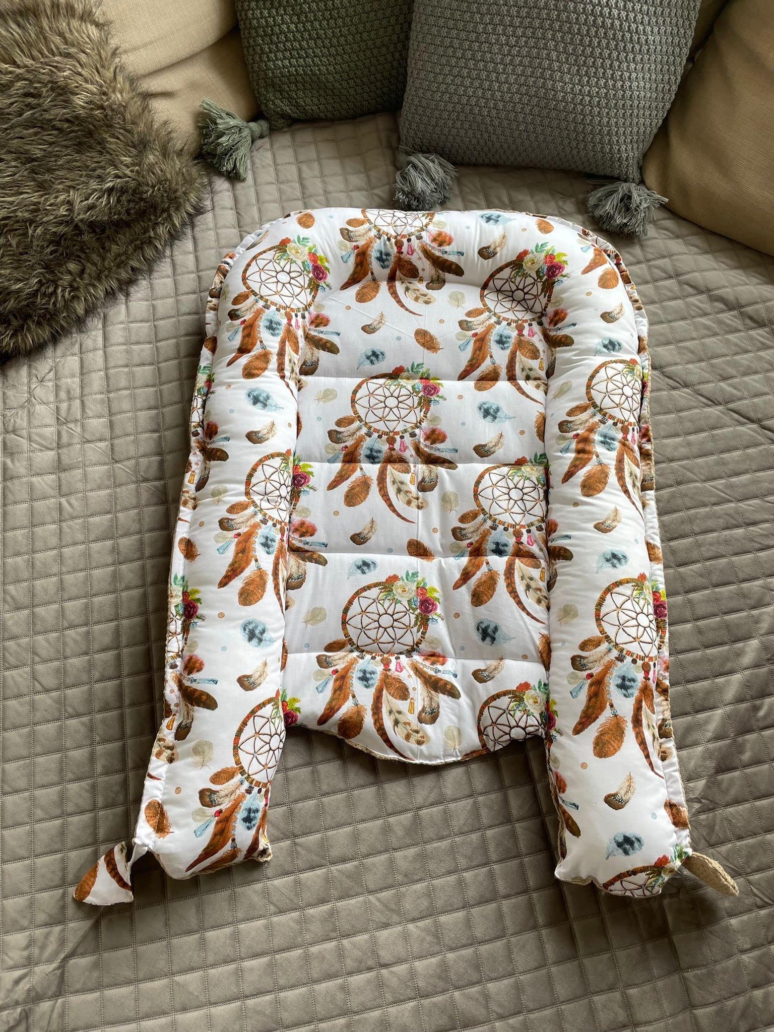 Traumfänger BOHO/Waffelpique TAUPE Babynest Babyaustattung Neugeborene Baby Unterlage Reisebett Nestchen SOLO/o. in Geschenk SETS (Nestchen SOLO)