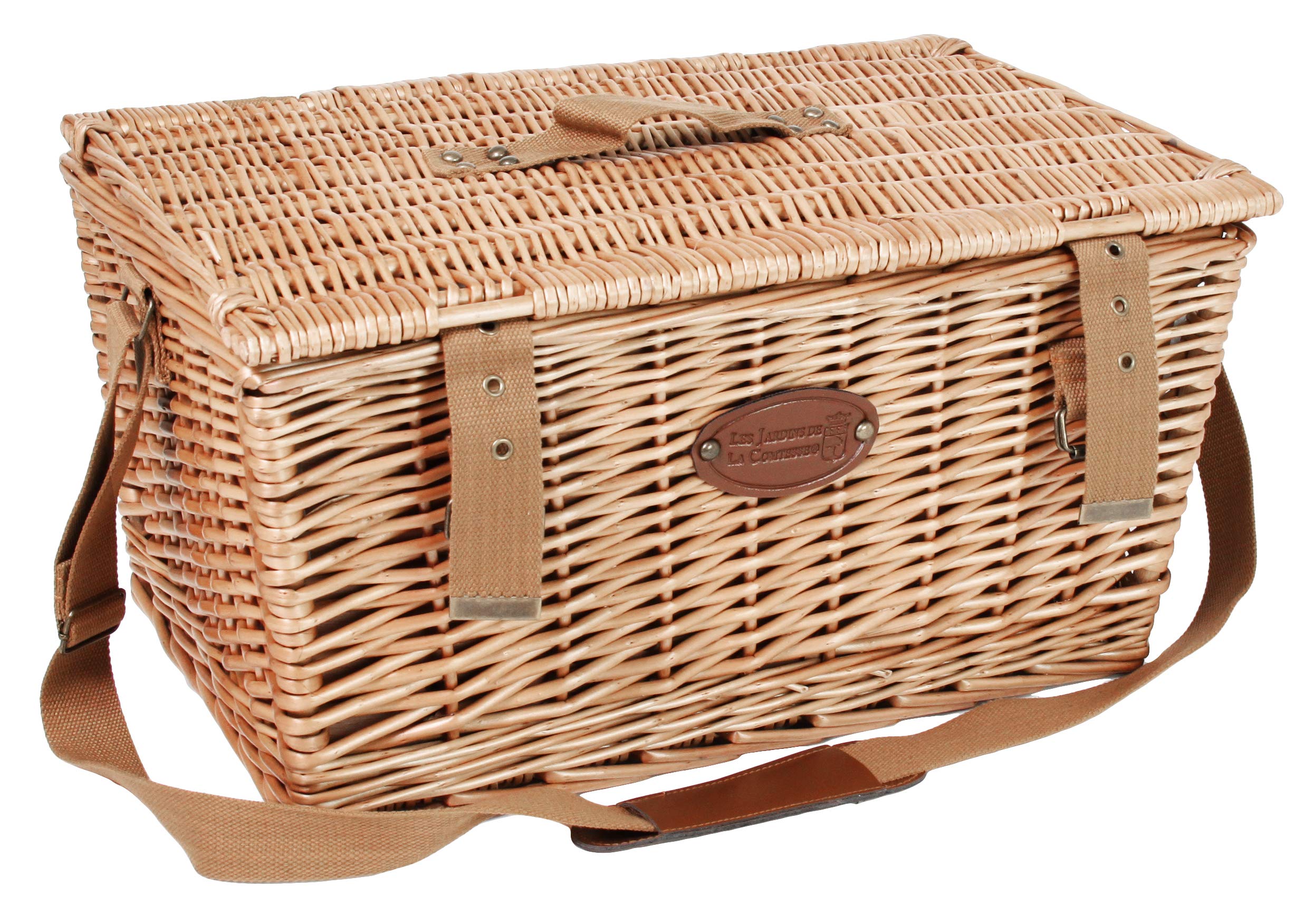 Les Jardins de la Comtesse - Panier Pique-Nique Concorde en Osier - 6 Personnes/Glacière Isotherme/Assiettes/Verres à Vin/Timbales en Aluminium - Tissu Couleur Blanc et Gris - 50 x 35 x 26 cm