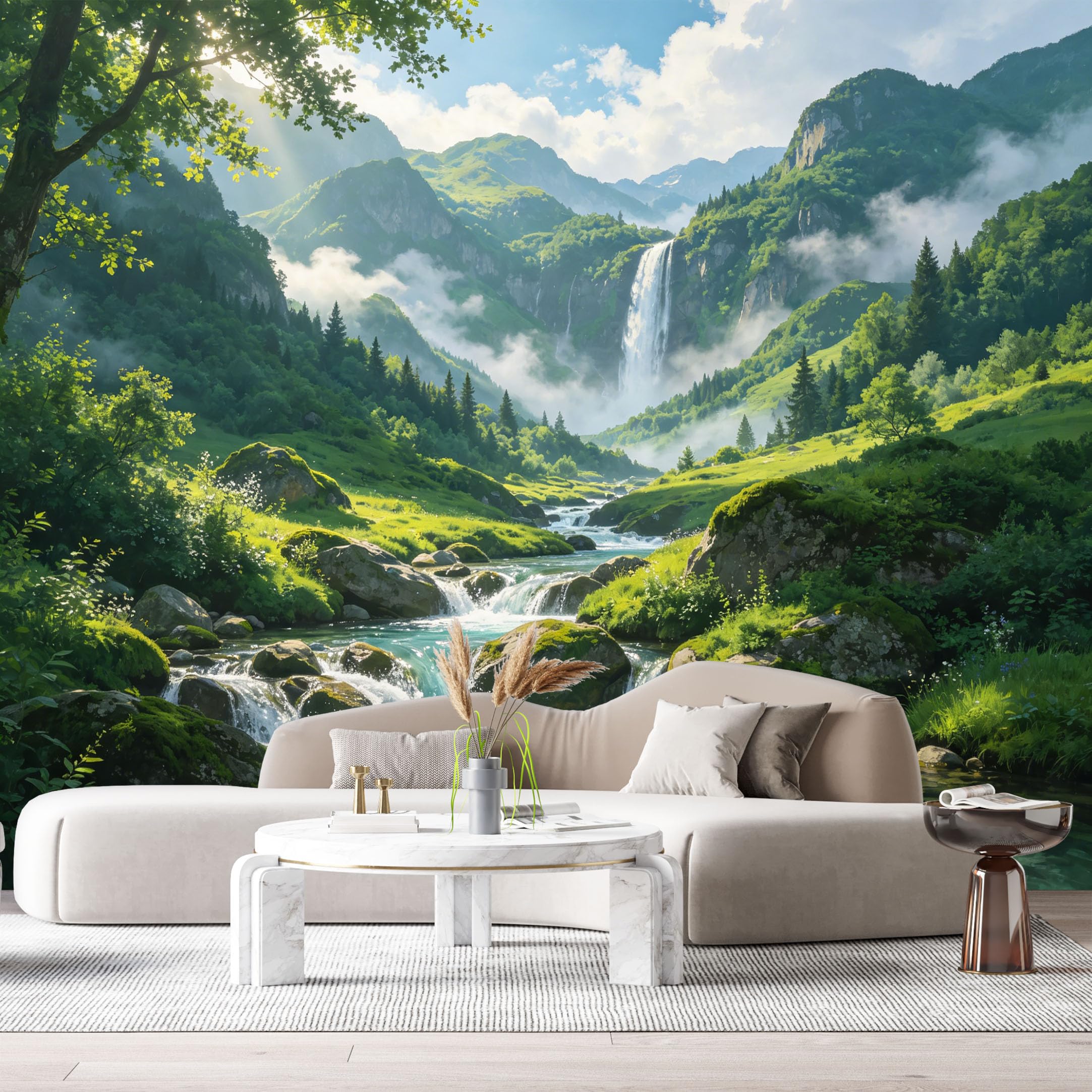 Custom Size Wall Murals Mountain Lake Landscape Waterfall Forest Stream SelfAdhesive Wall Fabric Removable Large Wallpaper for Photo Living Room
