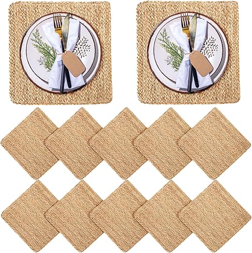 Jinei 12 manteles individuales trenzados de yute, cuadrados de yute, manteles individuales tejidos de paja de ratán, manteles individuales tejidos
