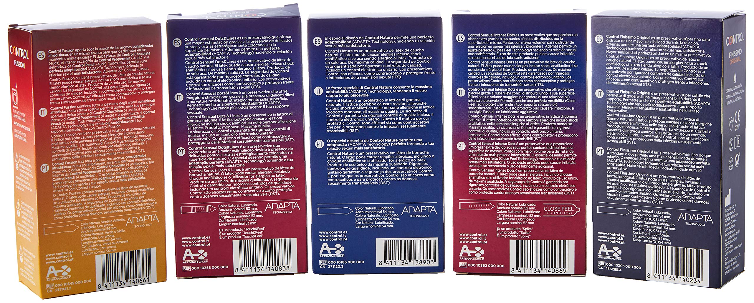 Control Pleasure Mix Pack Ahorro de Preservativos, Tipos: Nature, Finissimo, Fussion (Sabores), Sensual Dots and Lines y Sensual Intense Dots, 48 Preservativos, Pack de 5 Cajas image_1