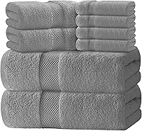 White Classic 8-Piece Luxury Turkish Cotton Bath Towel Set - 700GSM Super Absorbent, 2 Bath, 2 Hand Towels, 4 Washcloths, Light Gray