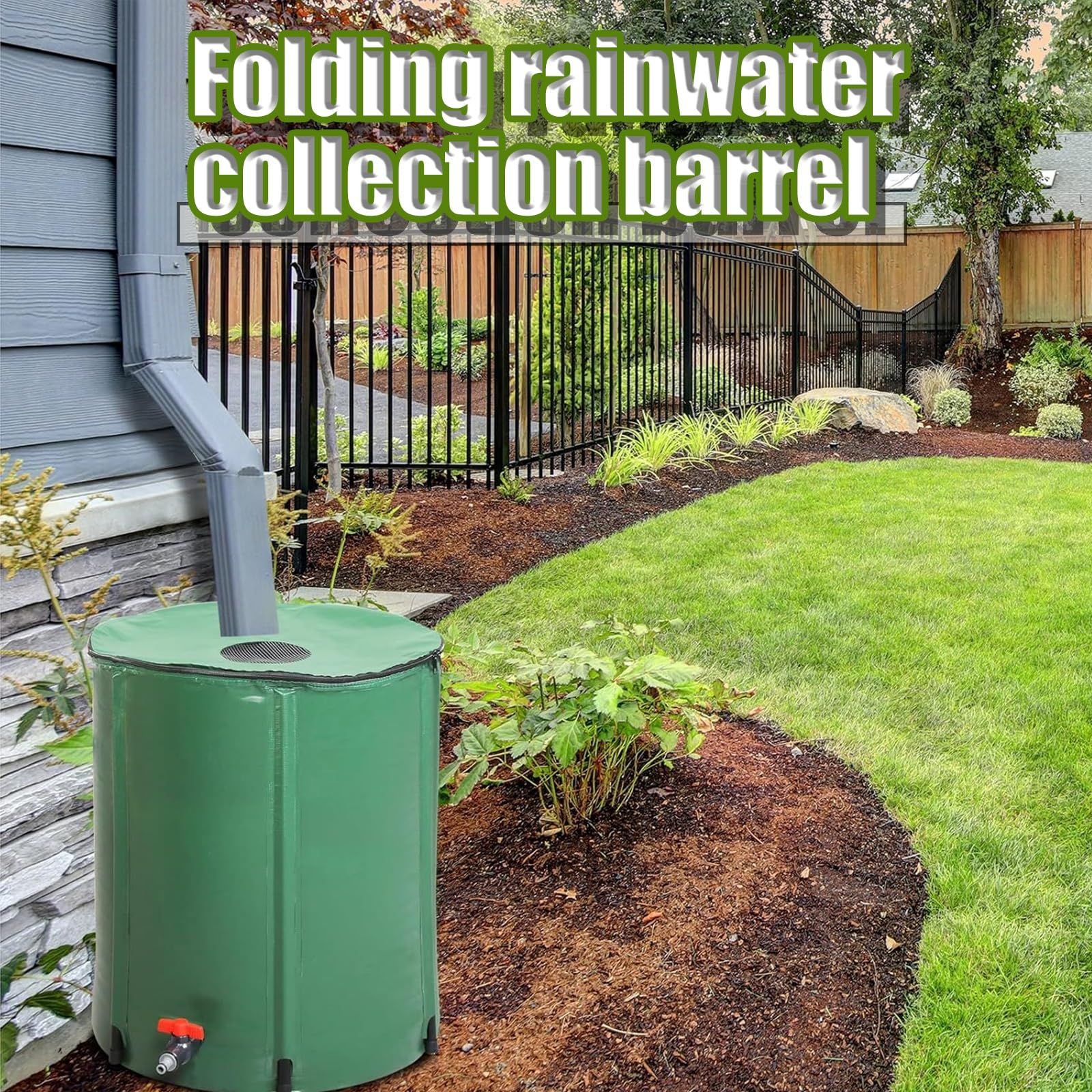 Sistema portátil de recolección de Agua de Lluvia, Tanque de Almacenamiento de 50 l con Filtro y bajante Plegable para jardín, Exterior y césped (Verde)