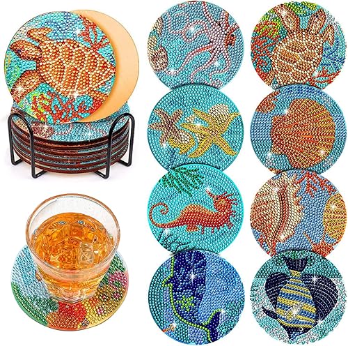 Tulsondai Posavasos de pintura de diamantes con soporte, kit de 8 posavasos de arte de diamante, kits de arte de diamantes de océano 5D para