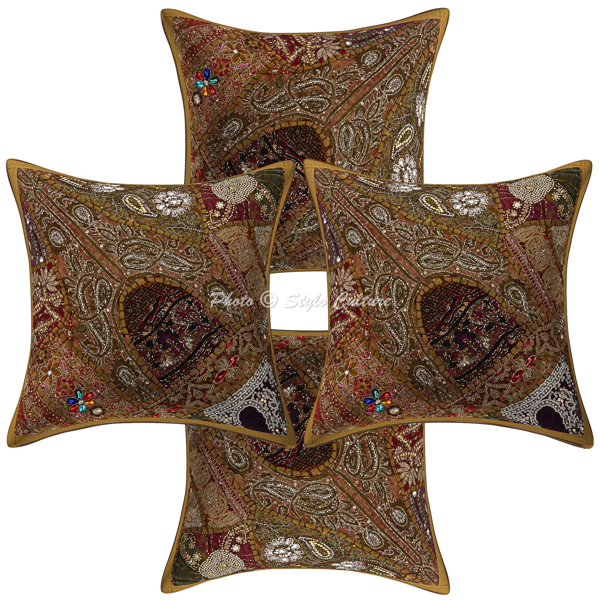 Indiano Fodere Per Cuscini 40x40 cm Decorativo Per Divani Design Del Collo Patchwork Ricamato Con Perline Marrone Cachi Quadrato Elegante Copricuscini Camera Da Letto - 4 pezzi