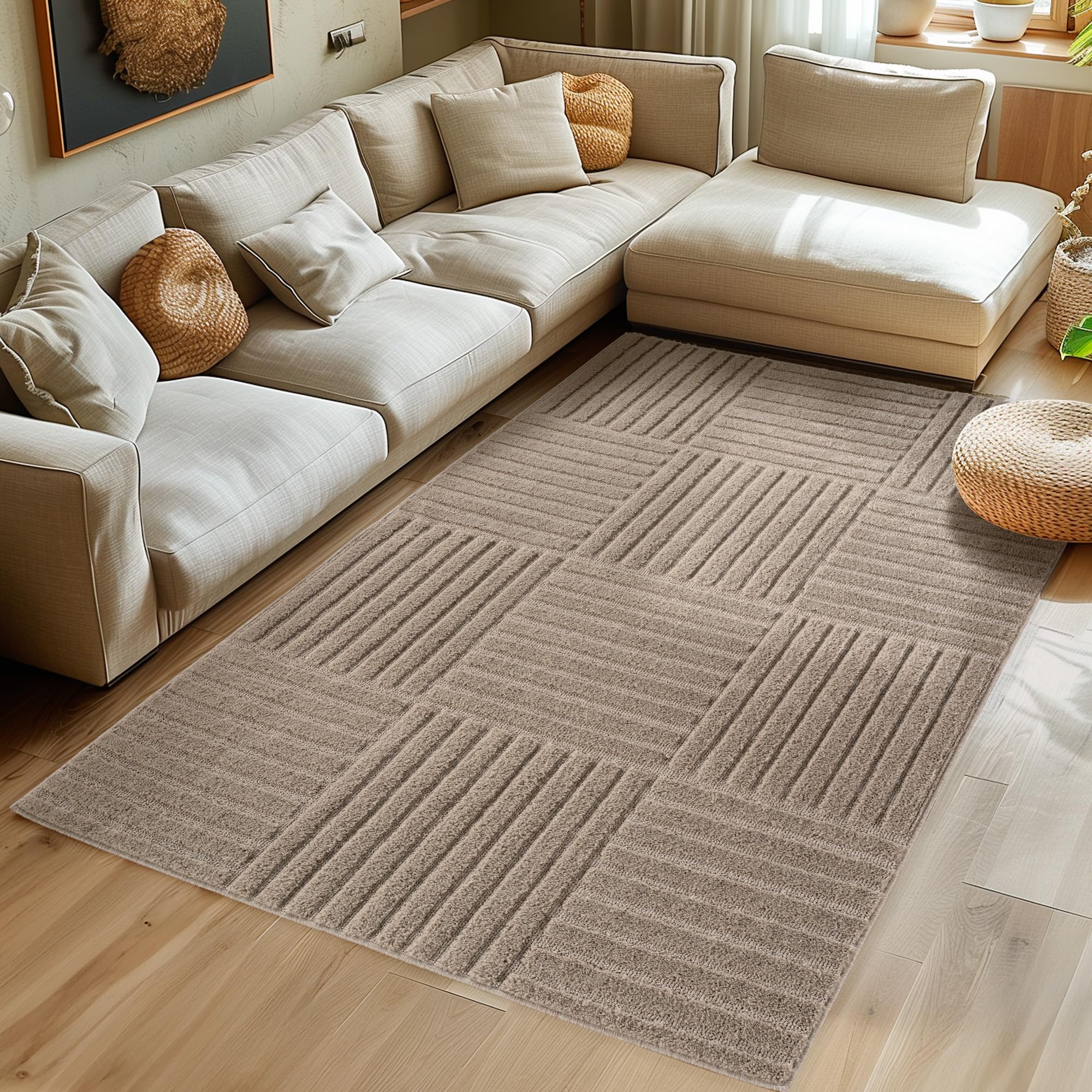 SIMPEX Teppich Hochflor Wohnzimmer Teppich, Weich & Flauschig, Skandinavisch Boho Stil, Langflor Shaggy, Pflegeleicht, Jute Rückseite