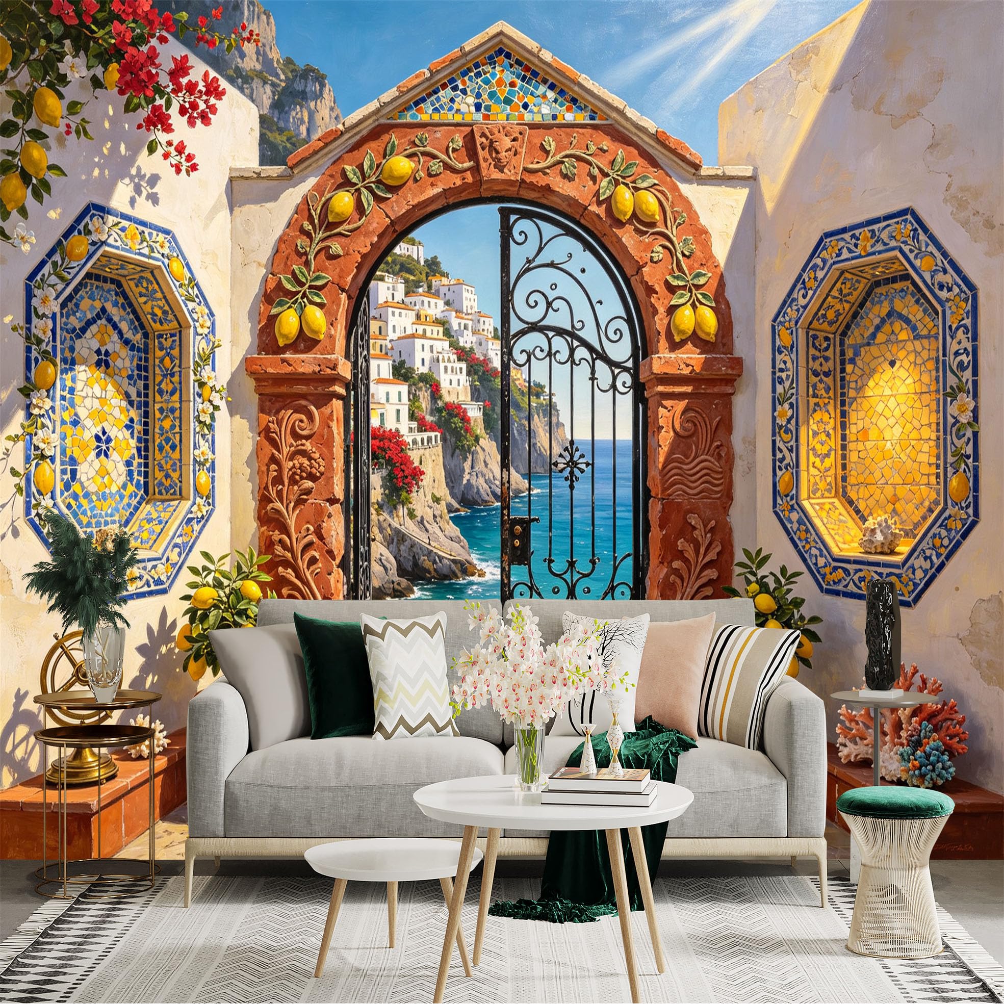 Custom Size Wall Sticker Mural， Mediterranean Coastal Archway， Seaside Village， Lemon Tile Decor， Ocean View， for wall Decoration， peelandstick wall Decals.