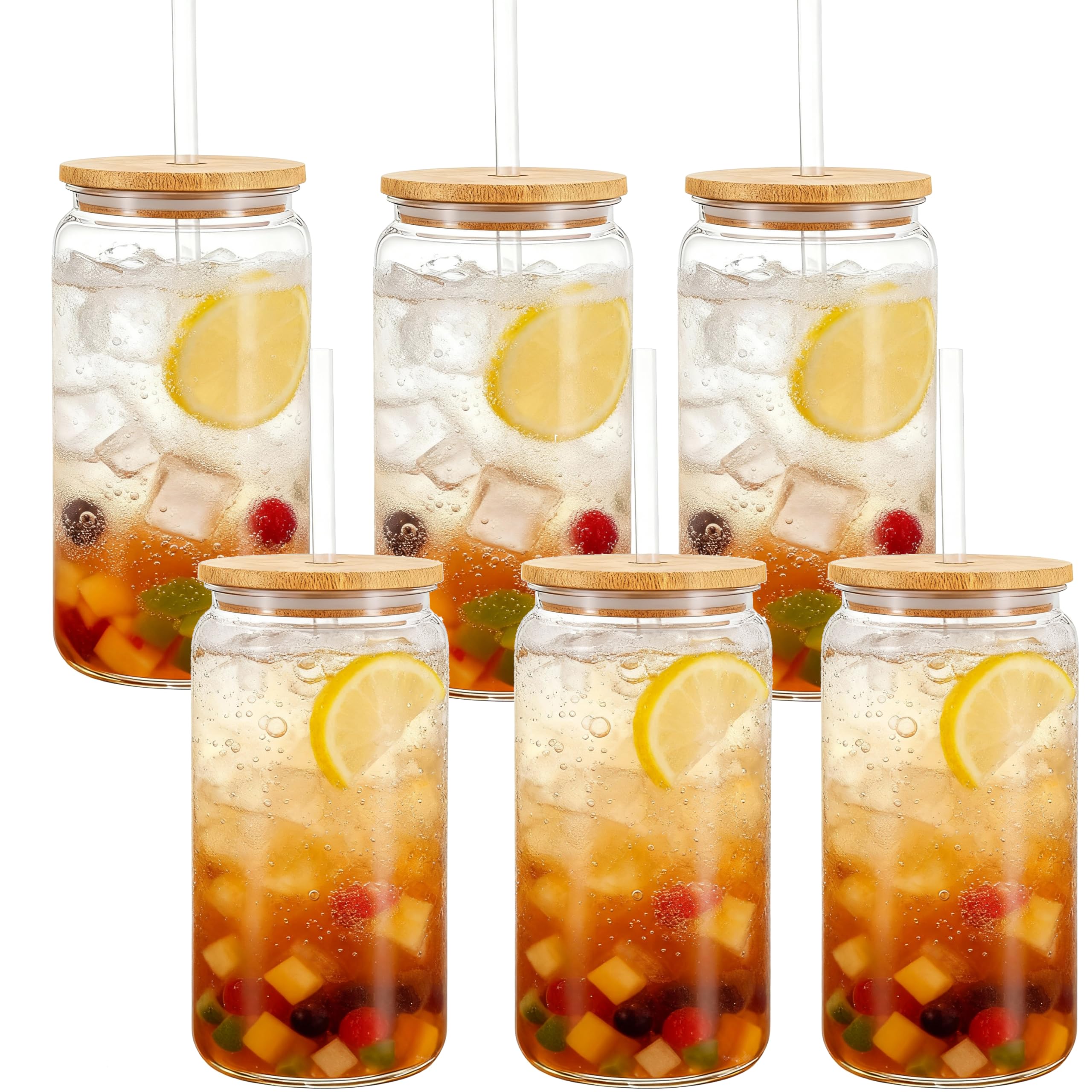 Plastikbecher Mehrweg, 6 Stück Partybecher, 500ml Trinkbecher mit Deckel und Strohhalm, Ideal für Eiskaffee, Smoothies und Saft,Geburtstag, Hochzeit (6, Transparent)