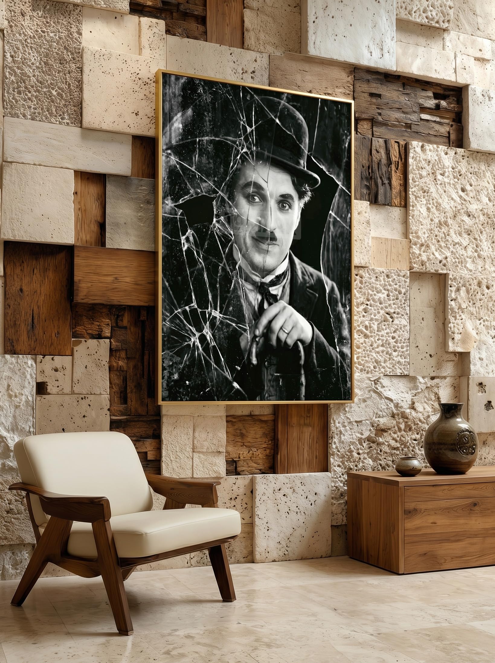 Tomaok® - Poster Stampa poster d'arte (Cornice non fornita) Charlie Chaplin iconico in bianco e nero con frammenti di vetro rotto, Ritratto cinema muto drammatico