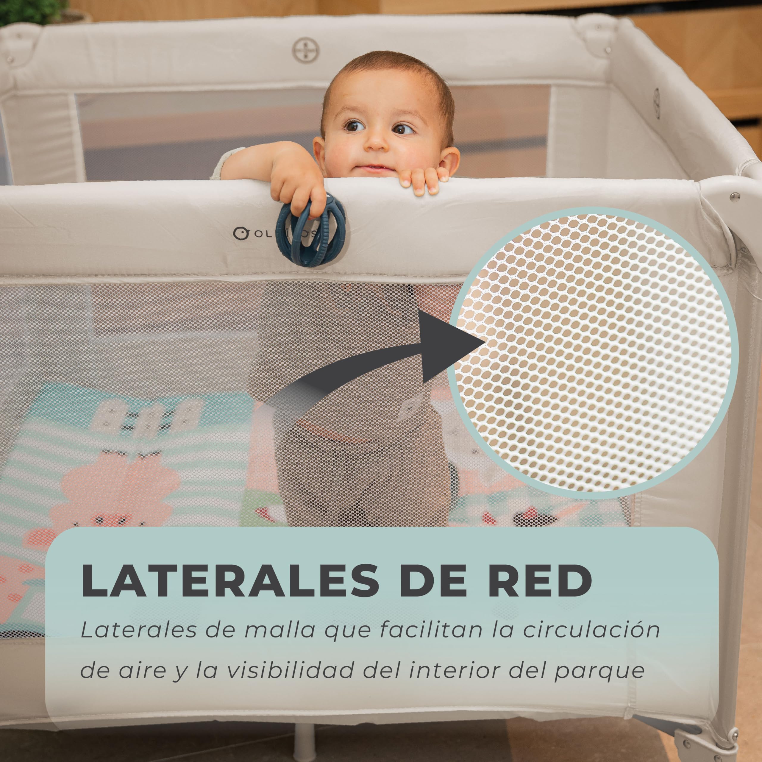 Olmitos Parque Infantil Bebé Cuadrado 100x100 cm | Parque de Juegos con 4 Lados de Red, Plegado Fácil y Puerta de Cremallera, Desde Nacimiento hasta 15kg | Incluye Bolsa y Mosquitera