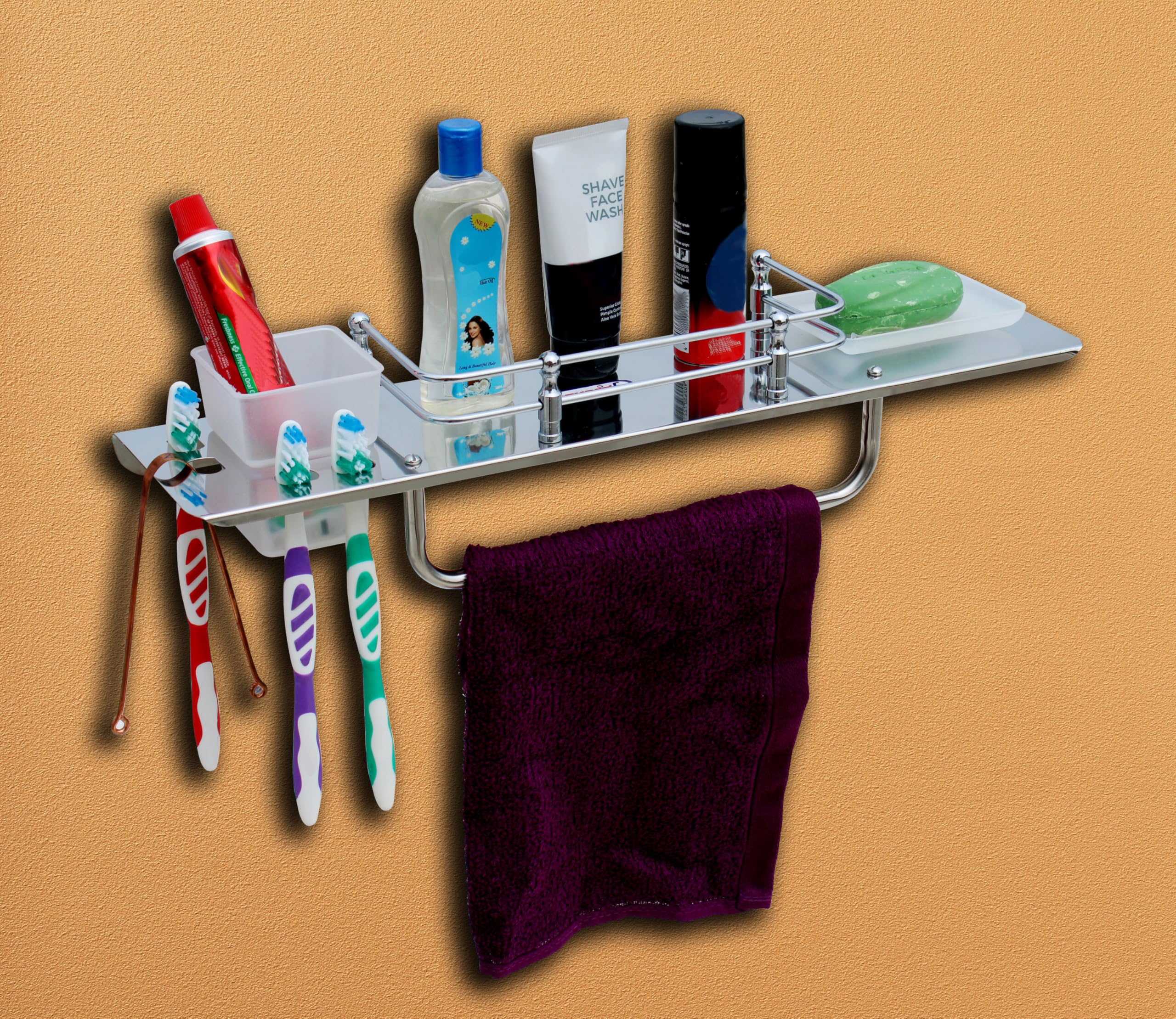 SQUARO ONLINE STORE Squaro Premium Stainless Steel 5 In 1 Multipurpose Shelf/Shelves/Towel Rod Hanger/Tumber Holder/Toothbrush Stand/Soap Dish/All In One Bathroom Accessories (18 Inch)