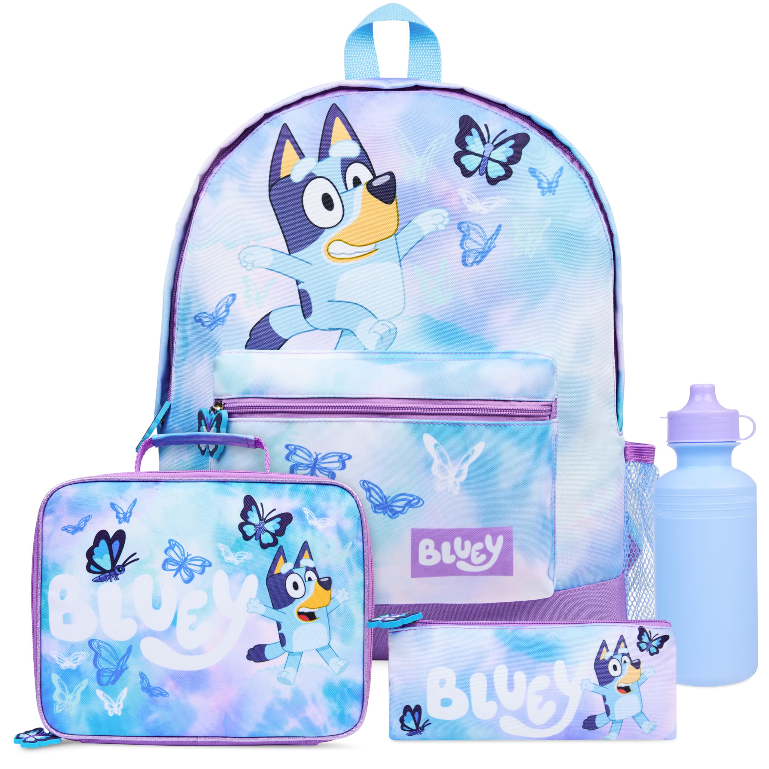 Bluey Mochilas Escolares Set de Mochila Escolar Guarderia 4 Piezas con Botella Agua Estuche Escolar Bolso Deporte o Bolsa Almuerzo Mariposa
