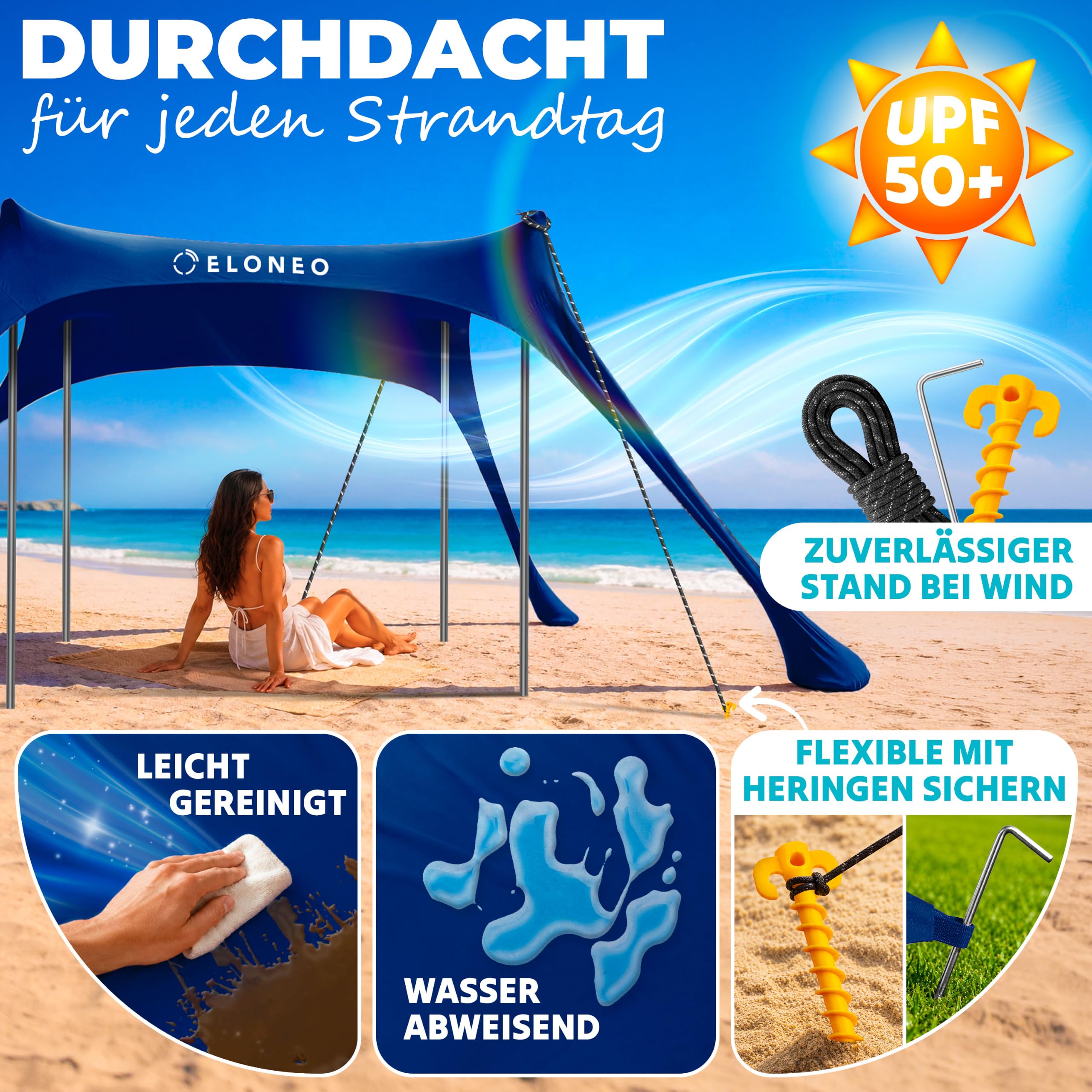 ELONEO Namiot plażowy, osłona przeciwsłoneczna na plażę 300x300x200 cm, SPF 50+, ochrona przeciwsłoneczna na plażę z łopatką do piasku, śledziami i drążkami stabilizującymi, granatowy