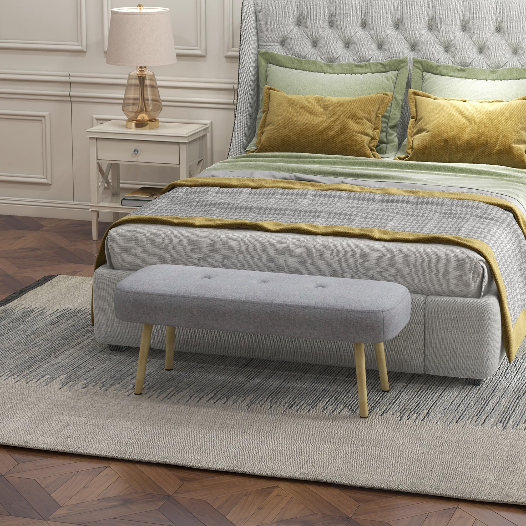 HOMCOM Panca Imbottita Fondo Letto in Tessuto con Gambe in Acciaio Effetto Legno, Panca per Ingresso, Salotto e Camera, 114x38x45cm, Grigio