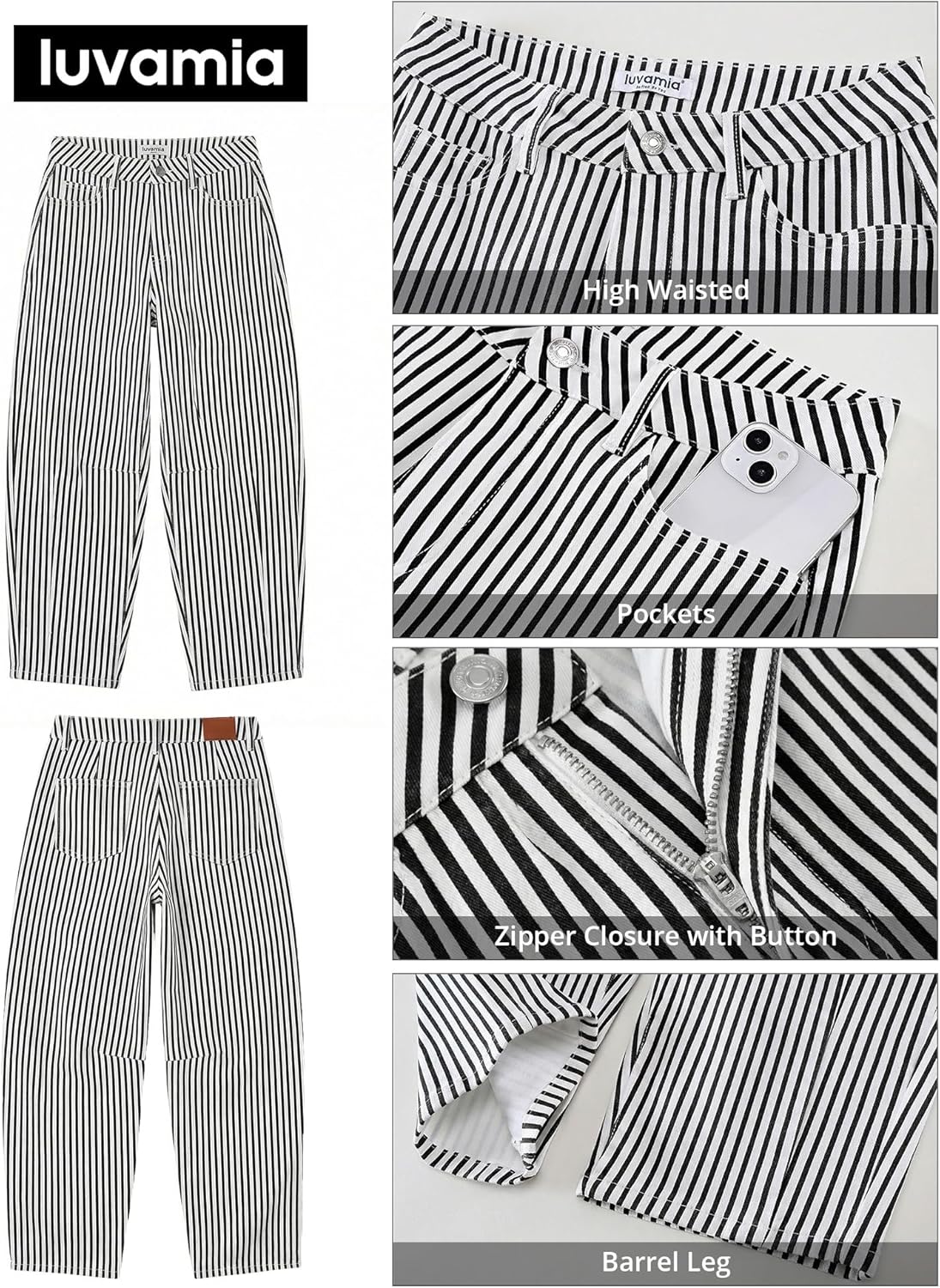 luvamia Barrel Jeans for Women Trendy Baggy Wide Leg Striped High Waisted Cropped Casual Pinstripe Stretchy Denim Pants