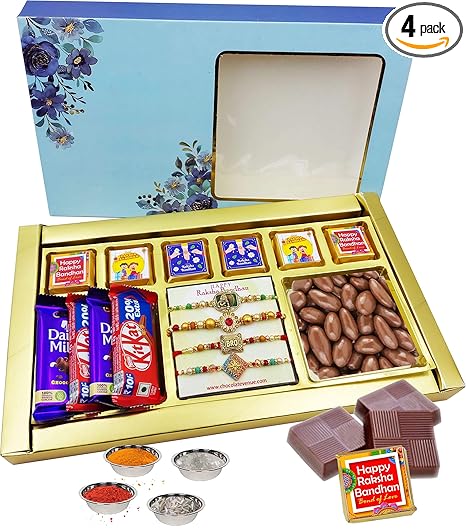Rakhi with Chocolate for Brother and Sister in Law | RakshaBandhan Chocolate Box for Bhaiya and Bhabhi |4 Rakhi Set, DairyMilk,Kitkat,Chocolate Coated Almond, Handmade Chocolae Combo Pack