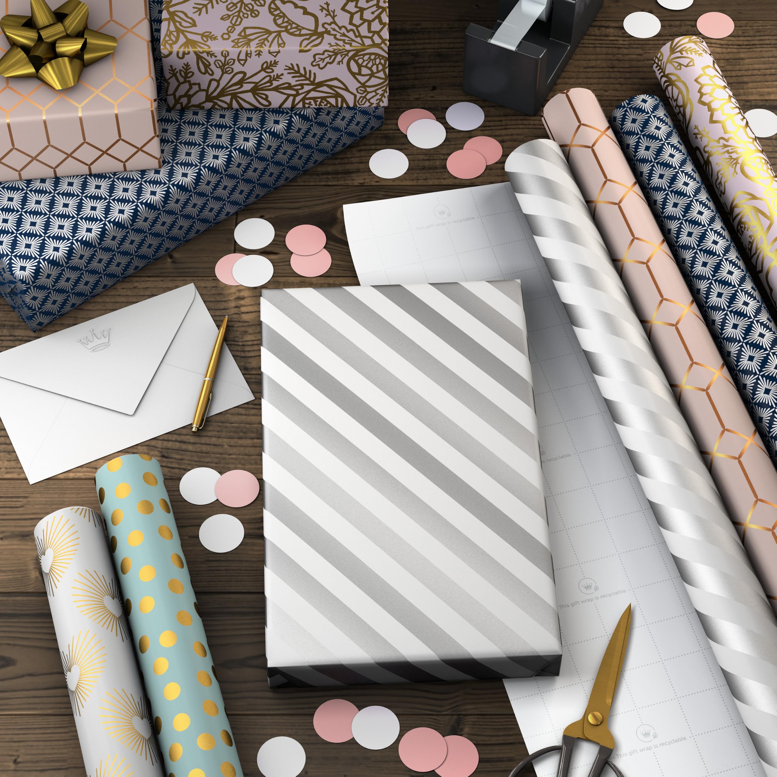 Hallmark Geschenkpapier mit Schnittlinien auf der Rückseite, 6 Rollen, 180 m² insgesamt, weiß und silberfarben, Mintgrün, goldfarbene Herzen und Blumen, für Hochzeiten, Brautpartys, Geburtstage