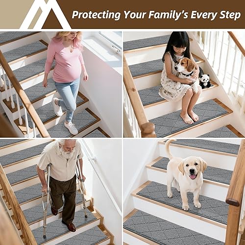 Vista 55 de COSY HOMEER - Alfombra antideslizante de 28 x 9 pulgadas, uso interior en peldaños de madera, alfombras para niños y perros, 100 % poliéster, base