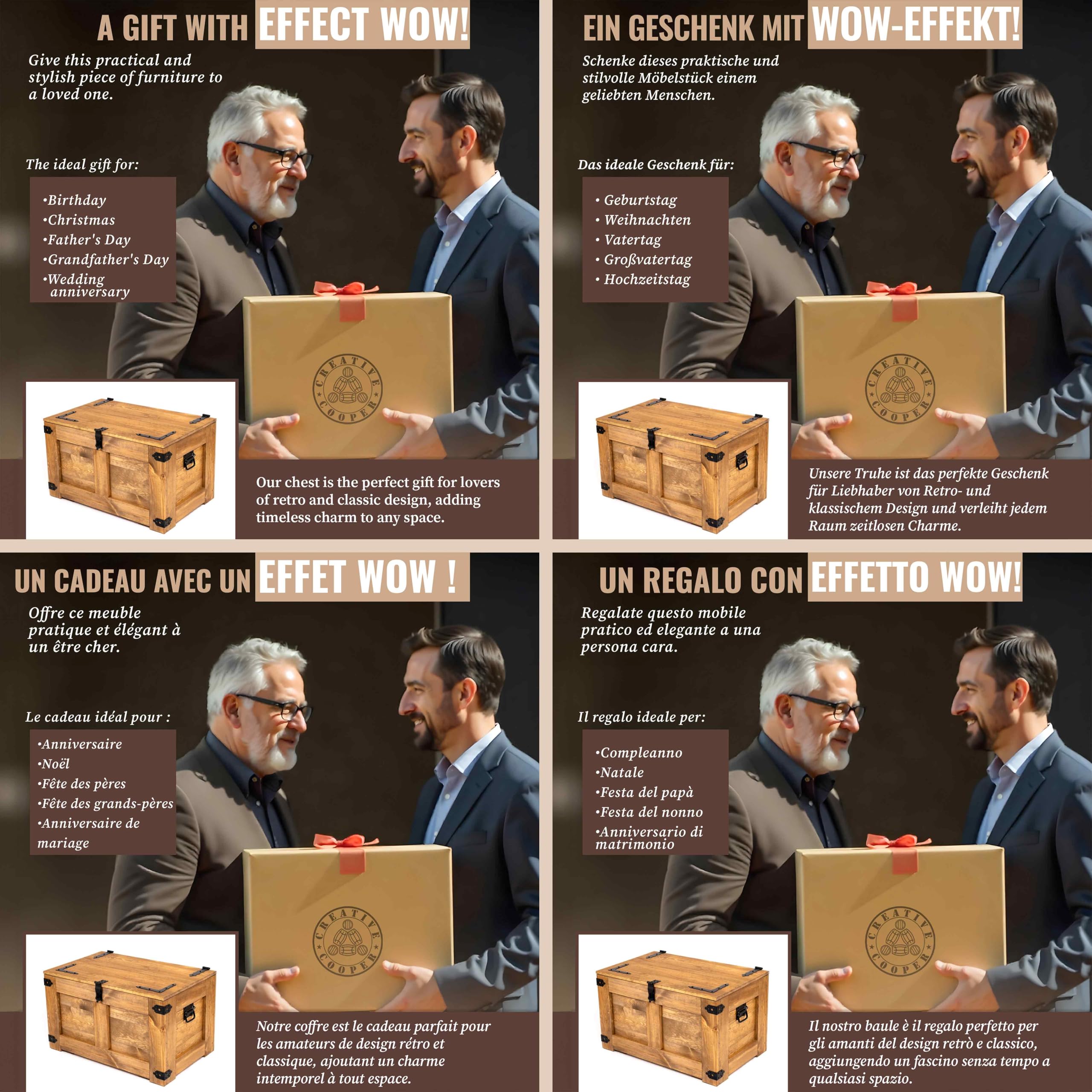 CREATIVE COOPER Scatola di legno, scrigno del tesoro, cassapanca rustica, tavolino da caffè, cassapanca per giocattoli, 77 x 49 x 45 cm, realizzata a mano, olio di legno Eco marrone