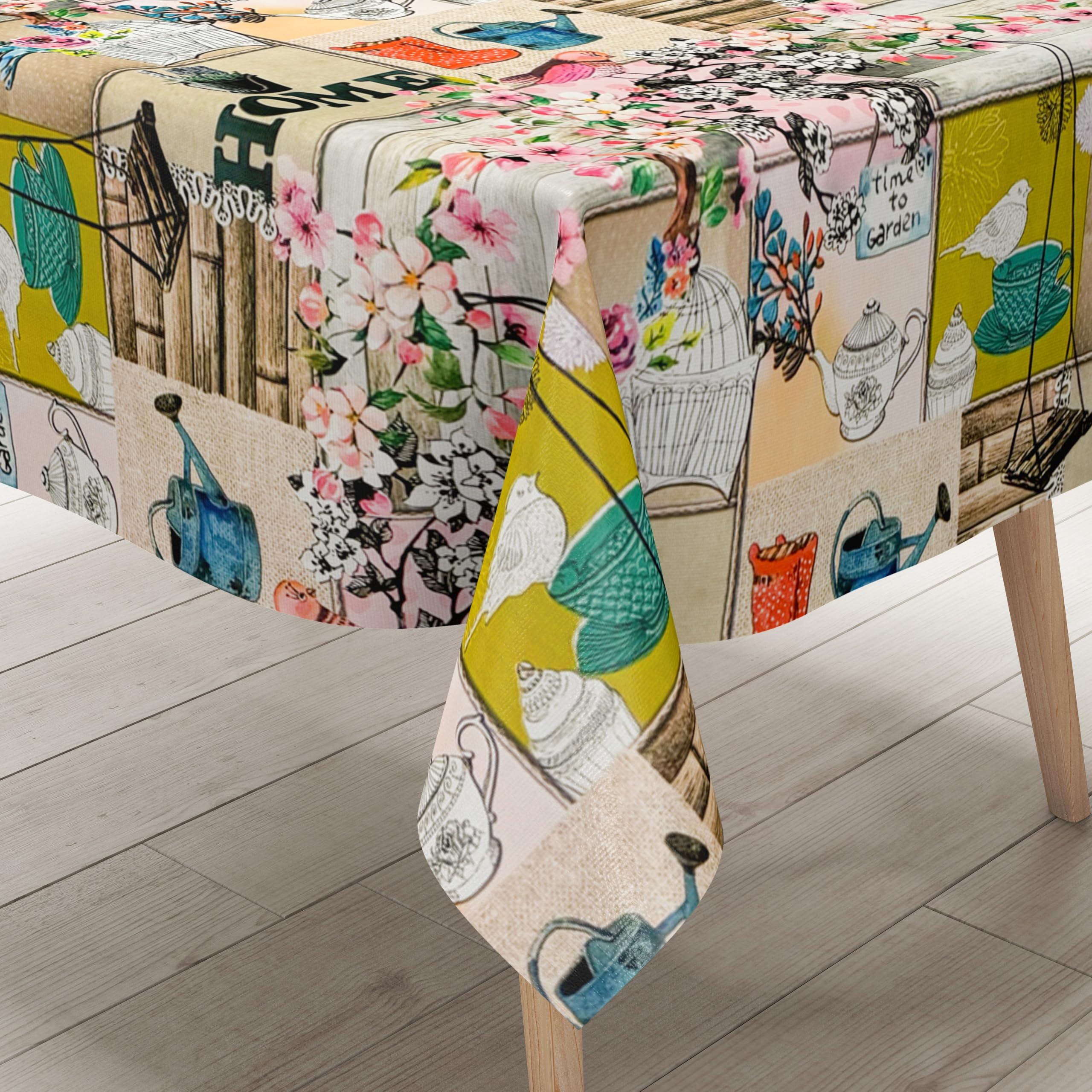 KEVKUS Nappe en toile cirée - Largeur : 160 cm - Motif oiseaux et fleurs de cerisier - Bois au choix - Rectangulaire, ronde et ovale - Dimensions : rectangulaire 160 x 180 cm avec ruban passepoilé