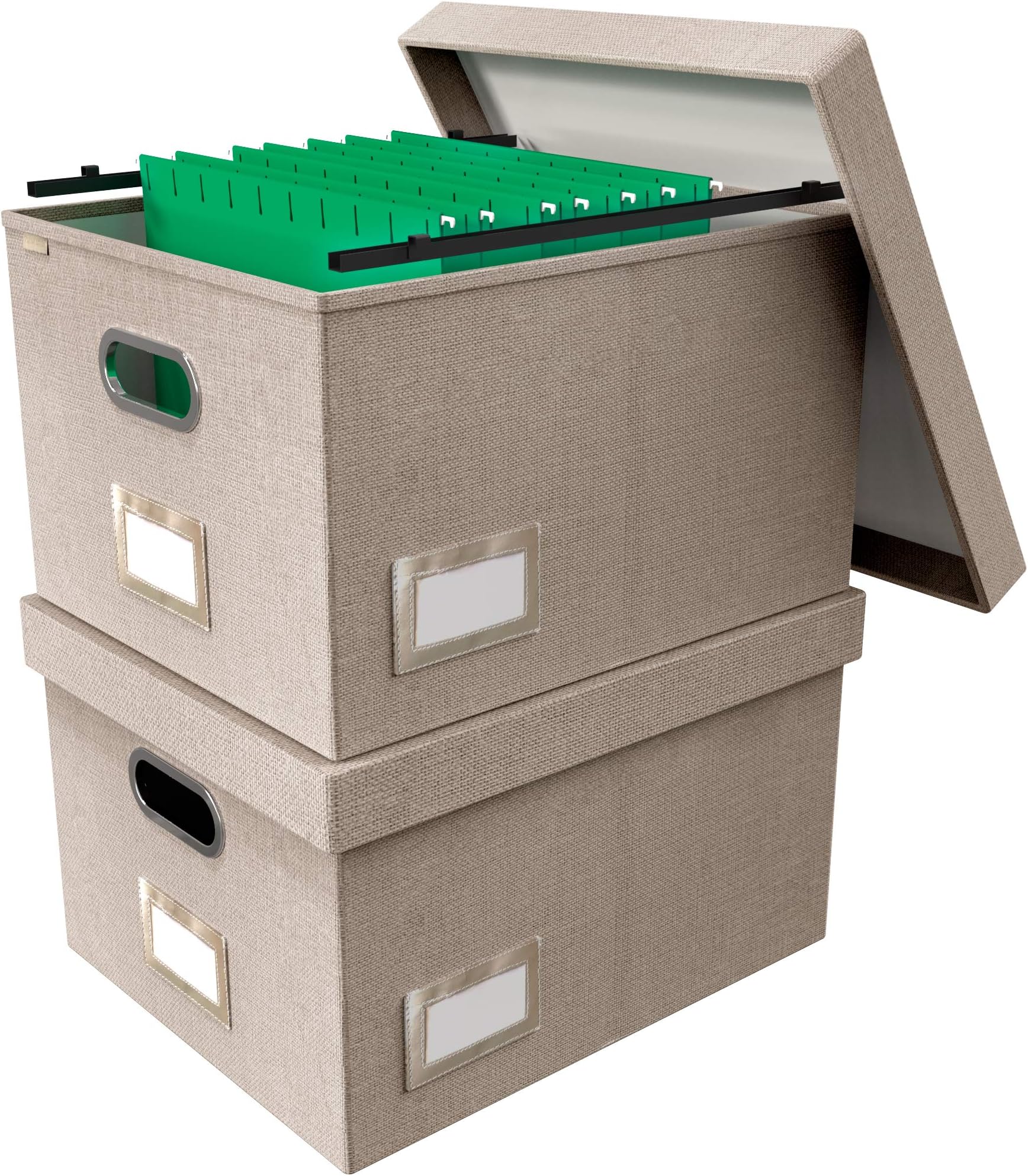 File Boxes for Hanging Files | Decorative Hanging File Folder Organizer with Lid | Portable Filing Box with Patent-Pending Folder Glides for Easy Movement | Beige Linen Storage Solutions - Set of 2