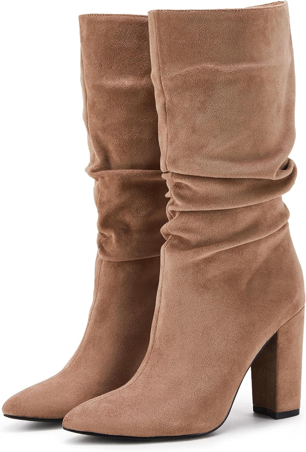 Syktkmx Womens Winter Slouchy High Heel Boots Mid Calf Suede Slip on Chunky Block Pointed Toe Boots