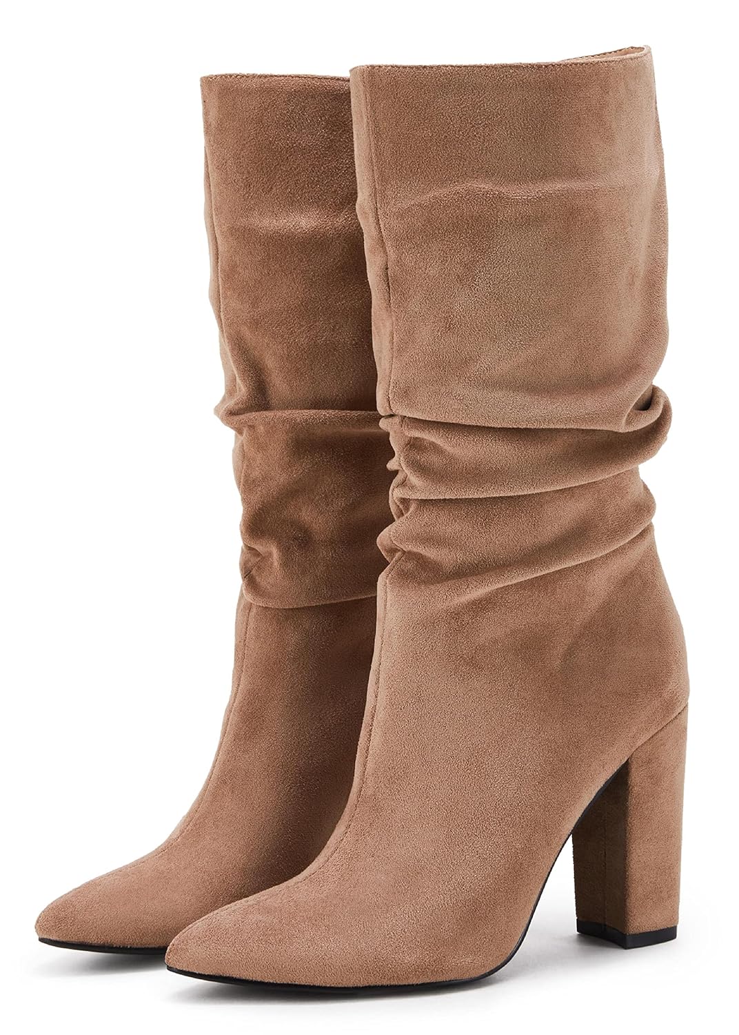 Syktkmx Womens Winter Slouchy High Heel Boots Mid Calf Suede Slip on Chunky Block Pointed Toe Boots