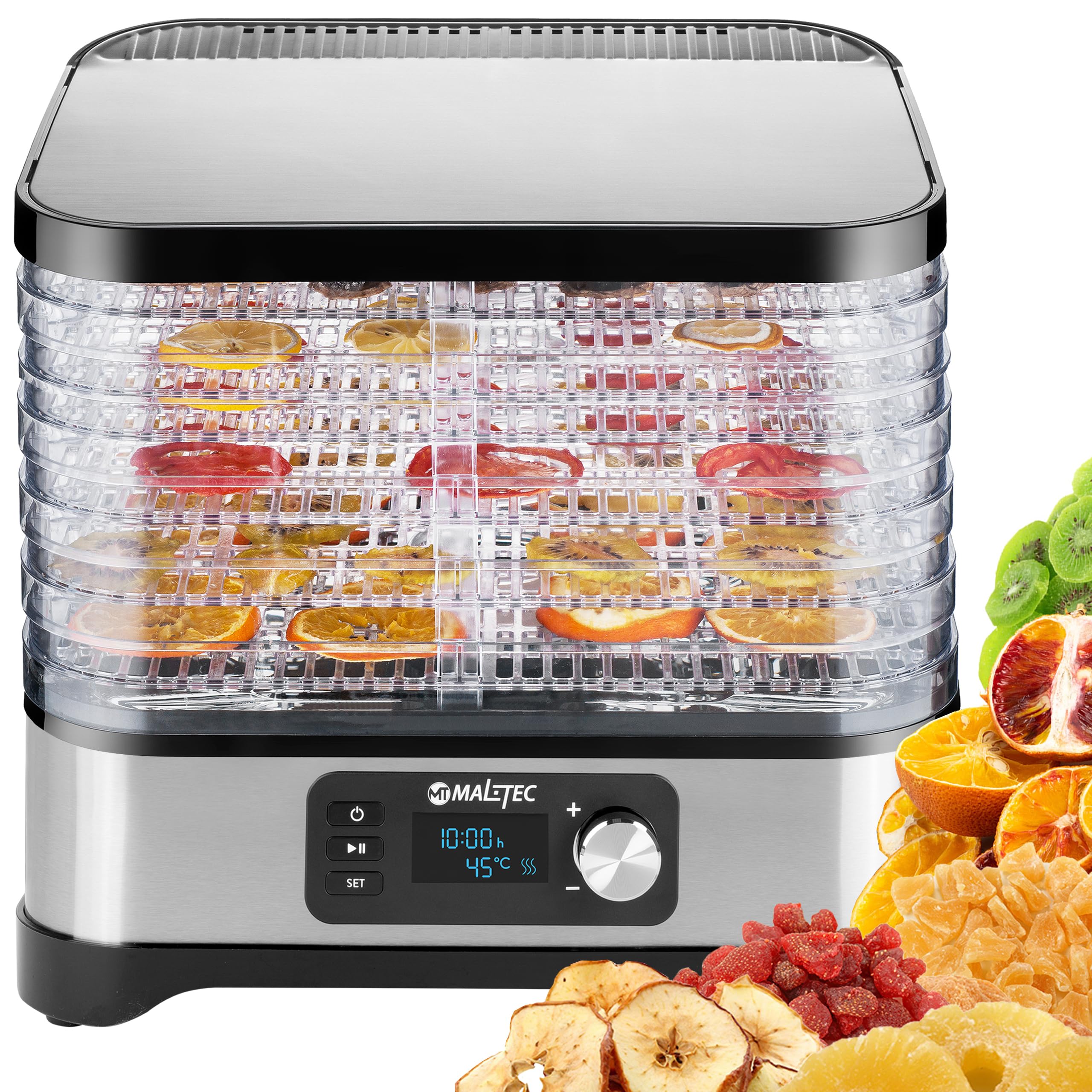 MalTec Dörautomat mit Timer Dörrgerät 450W Lufttrockner mit 5 Ebene für Lebensmittel Pilzen/Fleisch/Fisch/Früchte/Obs/Herbst/Kraüter