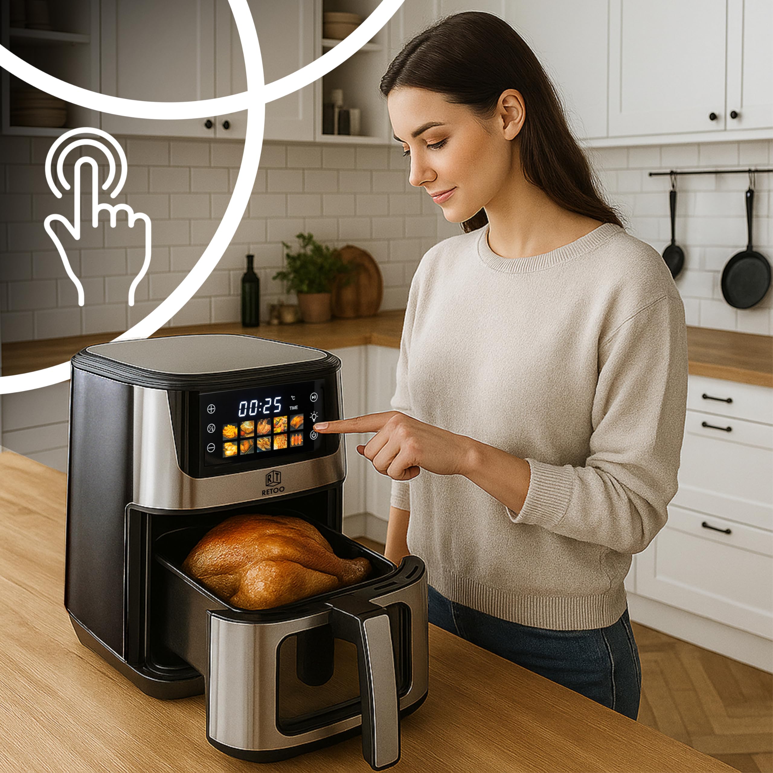 Retoo Frytkownica na gorące powietrze, 5,5 l, 1500 W, 7 programów, frytkownica na gorące powietrze, maks. 200°C, do 90% mniej tłuszczu, touchpad, frytkownica bez oleju, dieta i cyfrowa, wykończenie ze