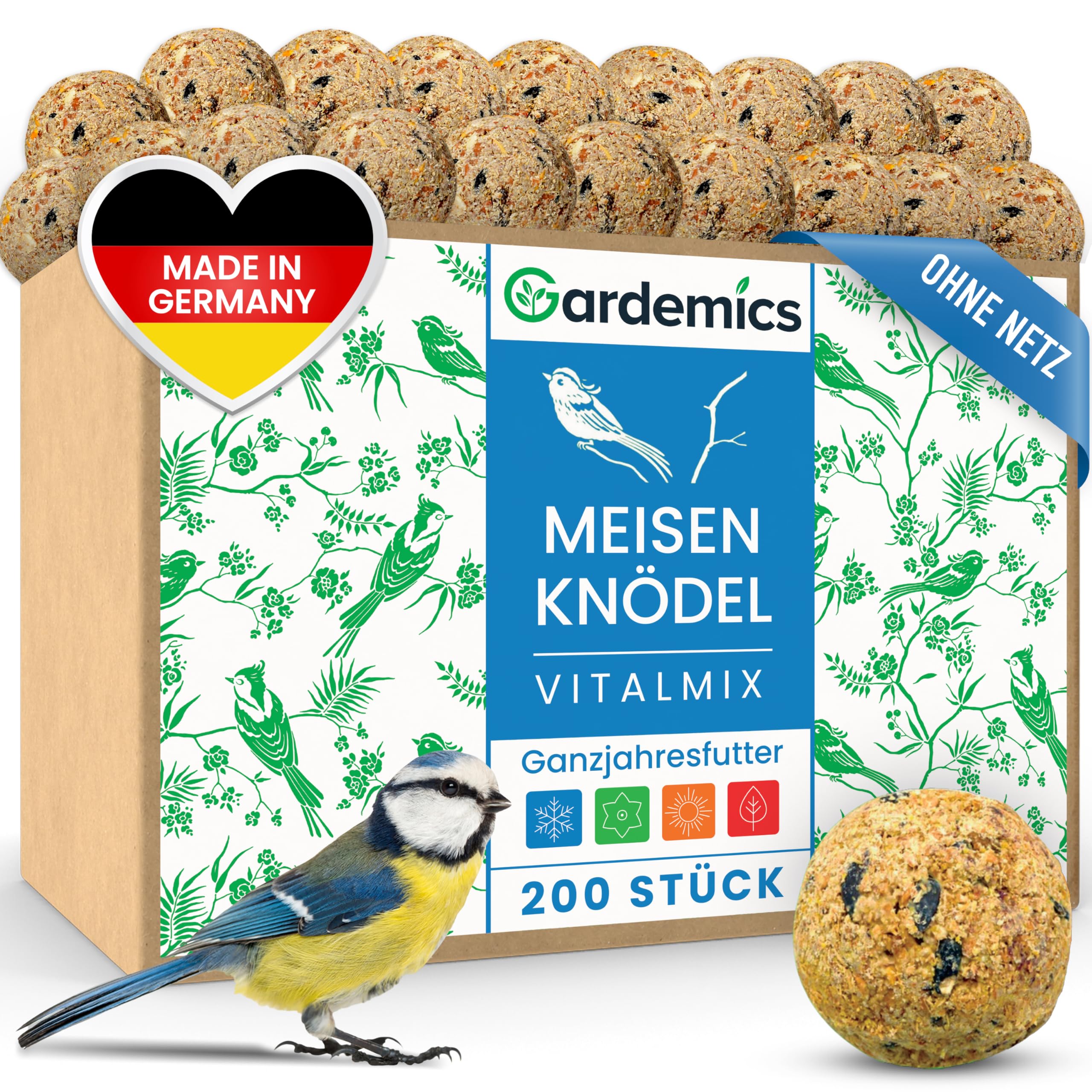 Gardemics Meisenknödel ohne Netz für Wildvögel, Vogelknödel [200 Stück] 18 kg Wildvogelfutter für Artenvielfalt im Garten | Ganzjahresfutter