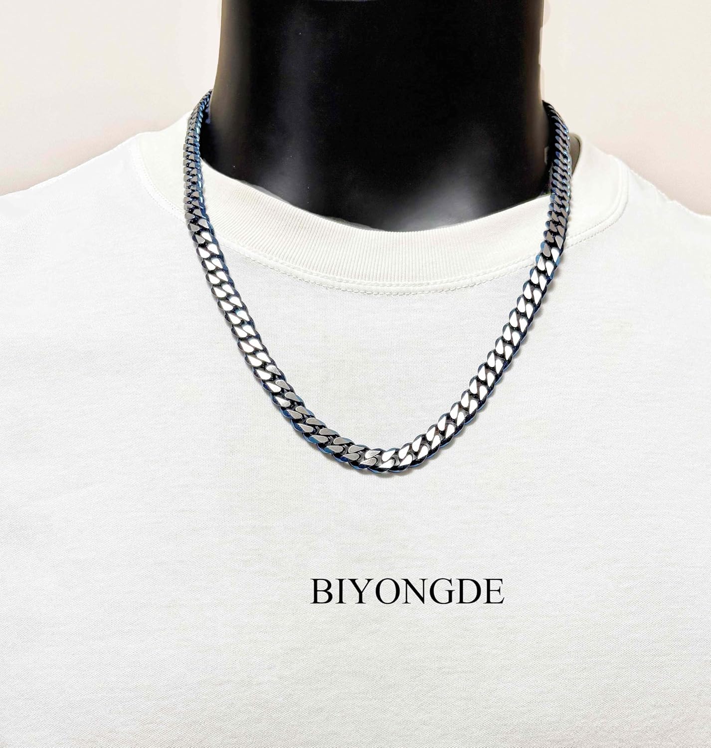 Men's Stainless Steel Blue-Tinted Silver Color Cuban Link Chain Necklace, 24 Inches, Punk Rock Cool Style - Image 2