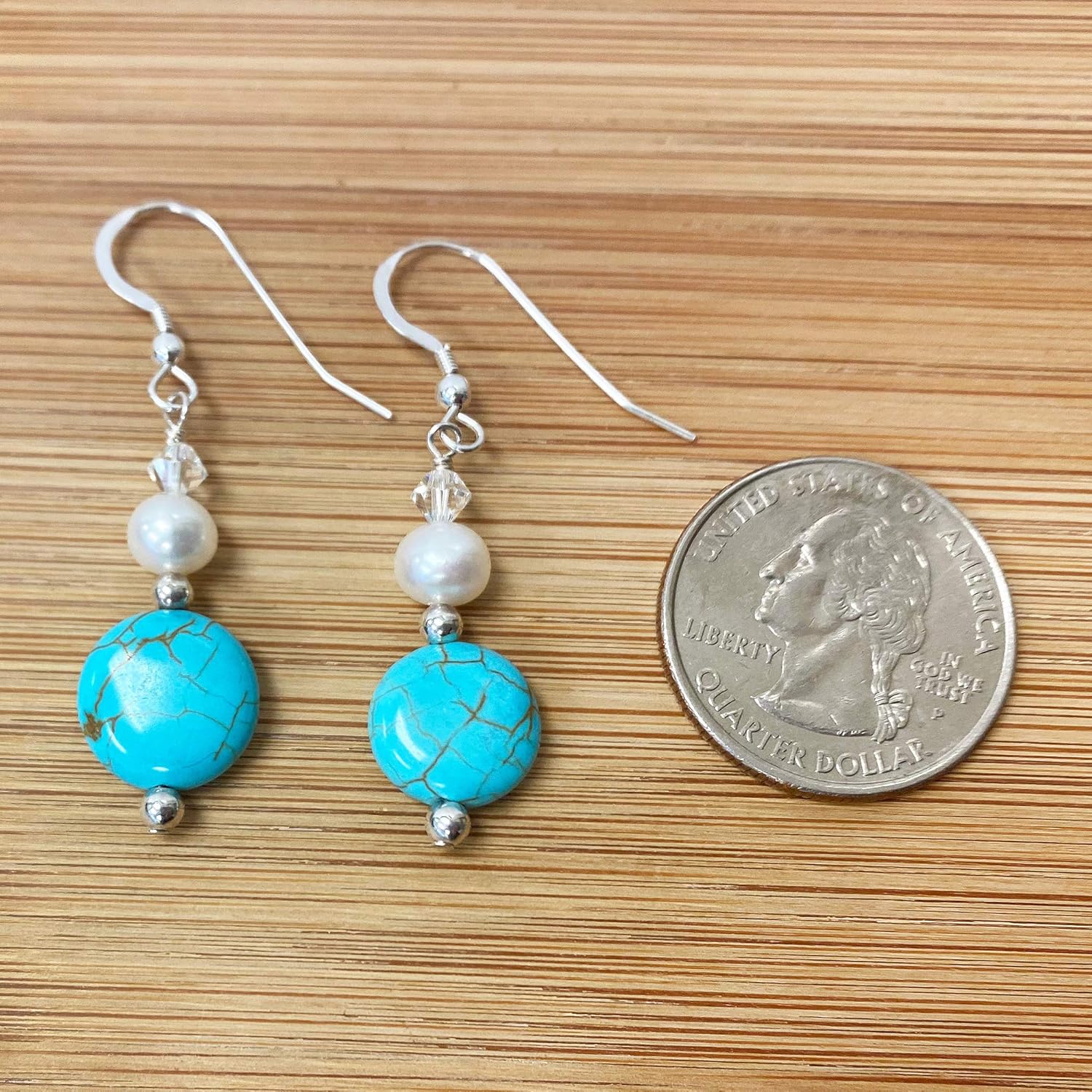 925 Sterling Silver White Faux Pearl with Simulated Turquoise and Austrian Crystal Handmade Earrings for Women