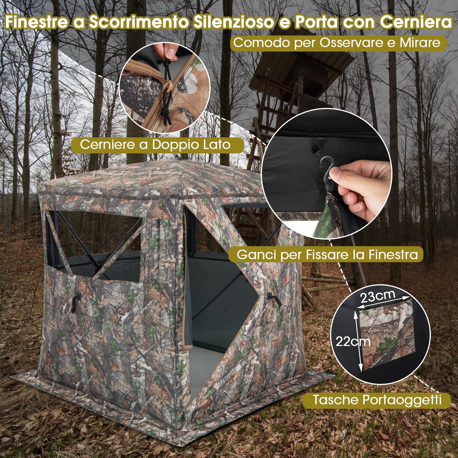 COSTWAY Tenda da Caccia Portatile a 270 Gradi Trasparente, Tenda a Caccia per 2-3 Persone con Finestre Scorrevoli Silenziose, Borsa per Trasporto