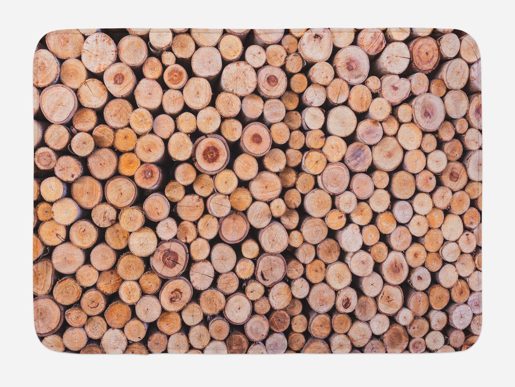 AmbesonneRustic Bath Mat, Mass of Wood Logs Forest Tree Ecology Industry Group of Cut Lumber Circle Stack Image, Plush Bathroom Decor Mat with Non Slip Backing, 30.2" x 20", Cream