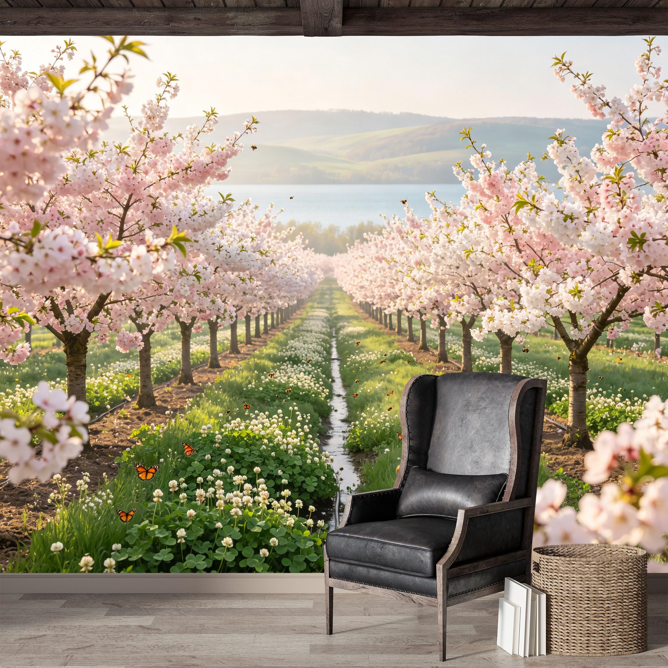 Custom Size Wall Mural,Cherry Blossom Pathway Spring Landscape with Butterflies and Bees Premium Water Activated SelfAdhesive Wallpaper,Removable Wall Covering for Indoor Home Decor