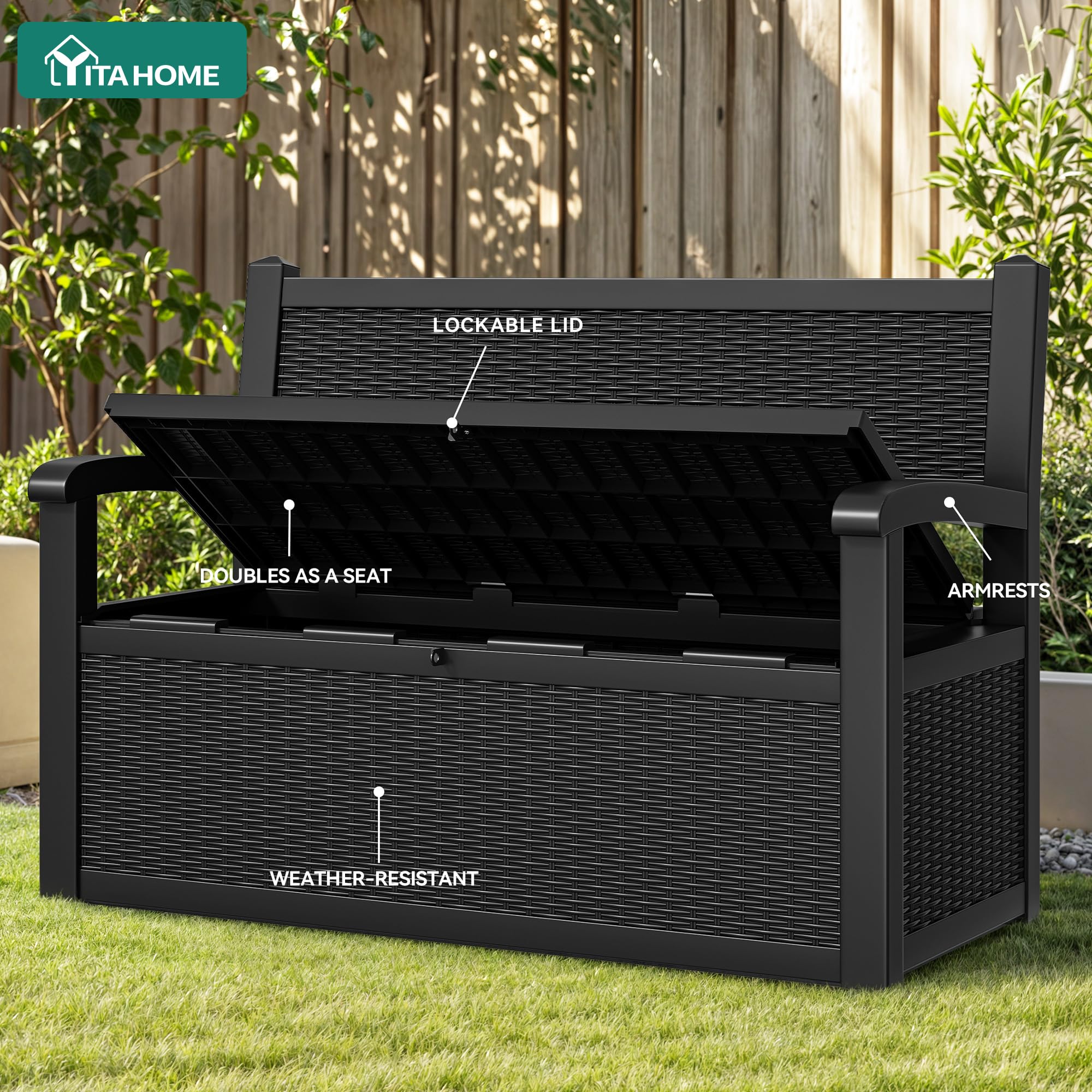 YITAHOME Aufbewahrungsbox mit 270L Fassungsvermögen, Allwetter-Resin Gartenbank mit abschließbarem Deckel, Gartenaufbewahrung für Terrassenmöbel, Kissen, Werkzeuge und Poolzubehör Schwarzer-Stuhl