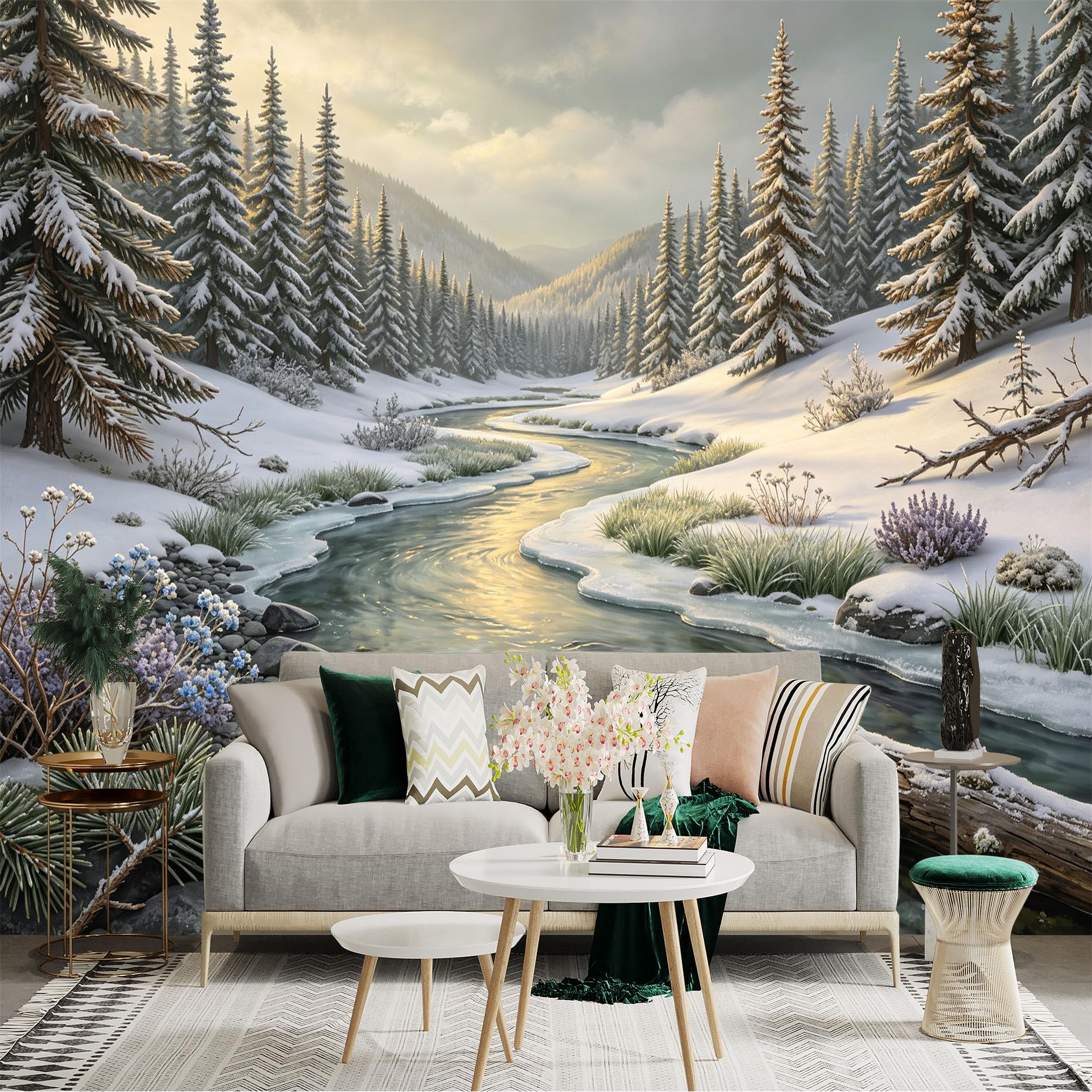 Lnzczhyre Bh260719710 Custom Size Wall Sticker Mural， Snowy Forest Creek， Winter Landscape， Icy Riverbank， Serene Nature Scenery， For Wall Decoration， Peelandstick Wall Decals.