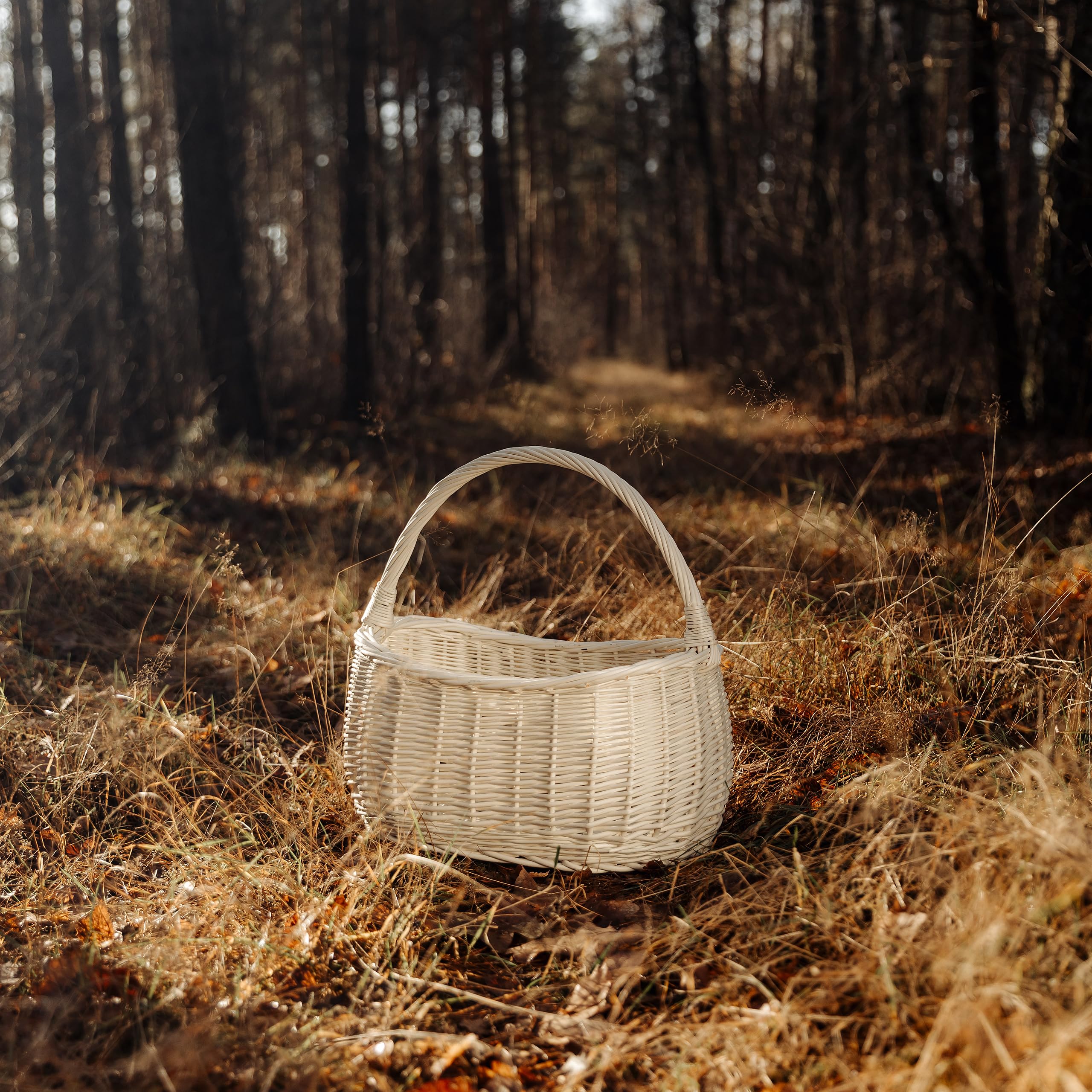 Creative Home Kosz Wiklinowy Piknikowy z Rączką na Zakupy Biały 42x32x40cm | (+/-1cm) | Duży i Lekki | Ręcznie Wyplatany | Naturalny Brąz | Uniwersalny i Wytrzymały