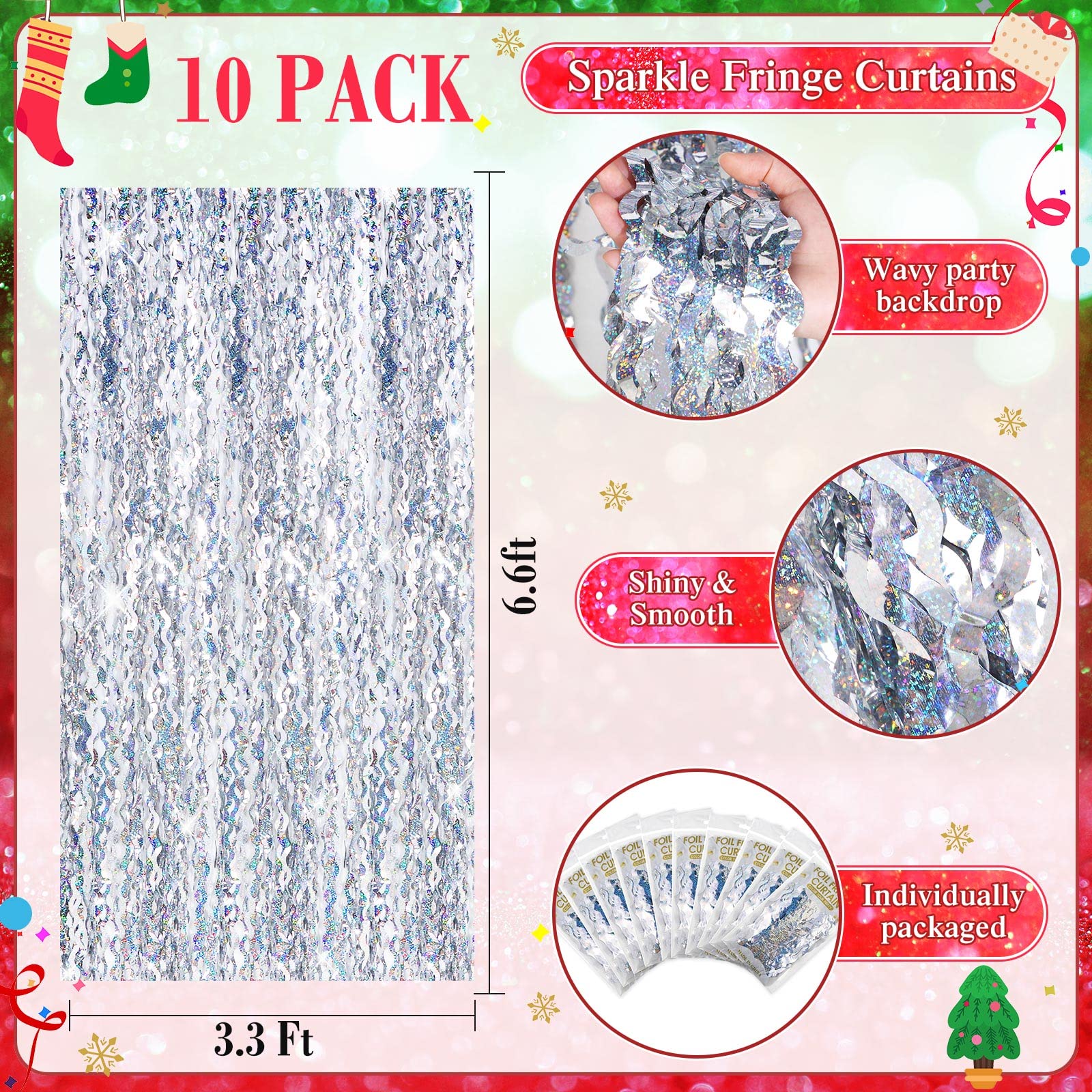 Newwiee Lot de 10 Rideaux à Franges ondulées en Feuille d'aluminium métallique pour décoration de fête d'anniversaire, de Enterrement de Vie de Jeune Fille (Argent) - 1 x 2 m