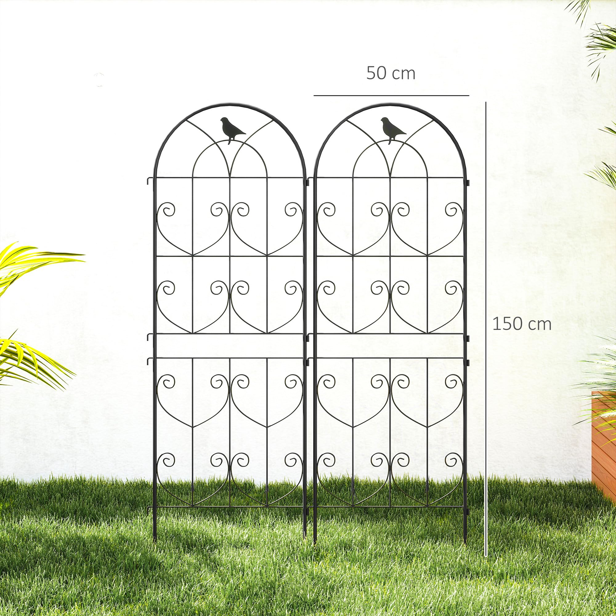 Outsunny Rankgitter Metall Rostfrei für Kletterpflanzen 50x150 cm Schwarz | Metall, 2er Set, zum Stecken, Rankhilfe mit Vogeldesign, Spalier für Zimmerpflanzen, Pflanzenspalier für Tomaten, Blumen