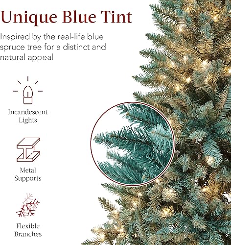 Miniatura 3 de Best Choice Products Árbol de Navidad de abeto azul preiluminado de 6 pies, decoración artificial con bisagras completas, decoración navideña con