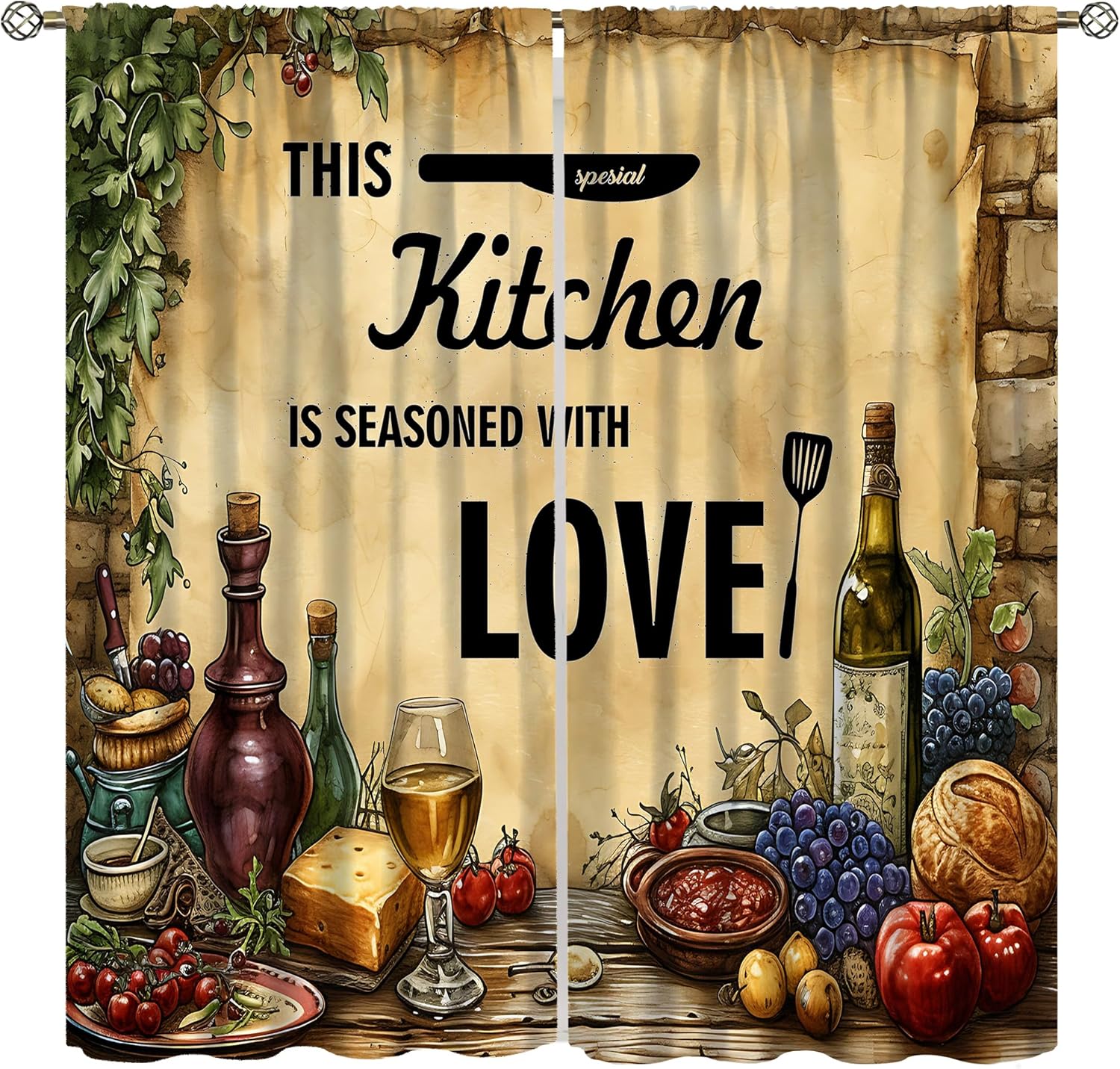 Red Wine Kitchen Curtains, Vintage Rustic Cartoon Grape Fruit Vegetable Food Wine Gourmet Kitchen Utensils Blackout Windows Treatments, Thermal Insulated Drapes For Dining Living Room Bedroom 42x63in