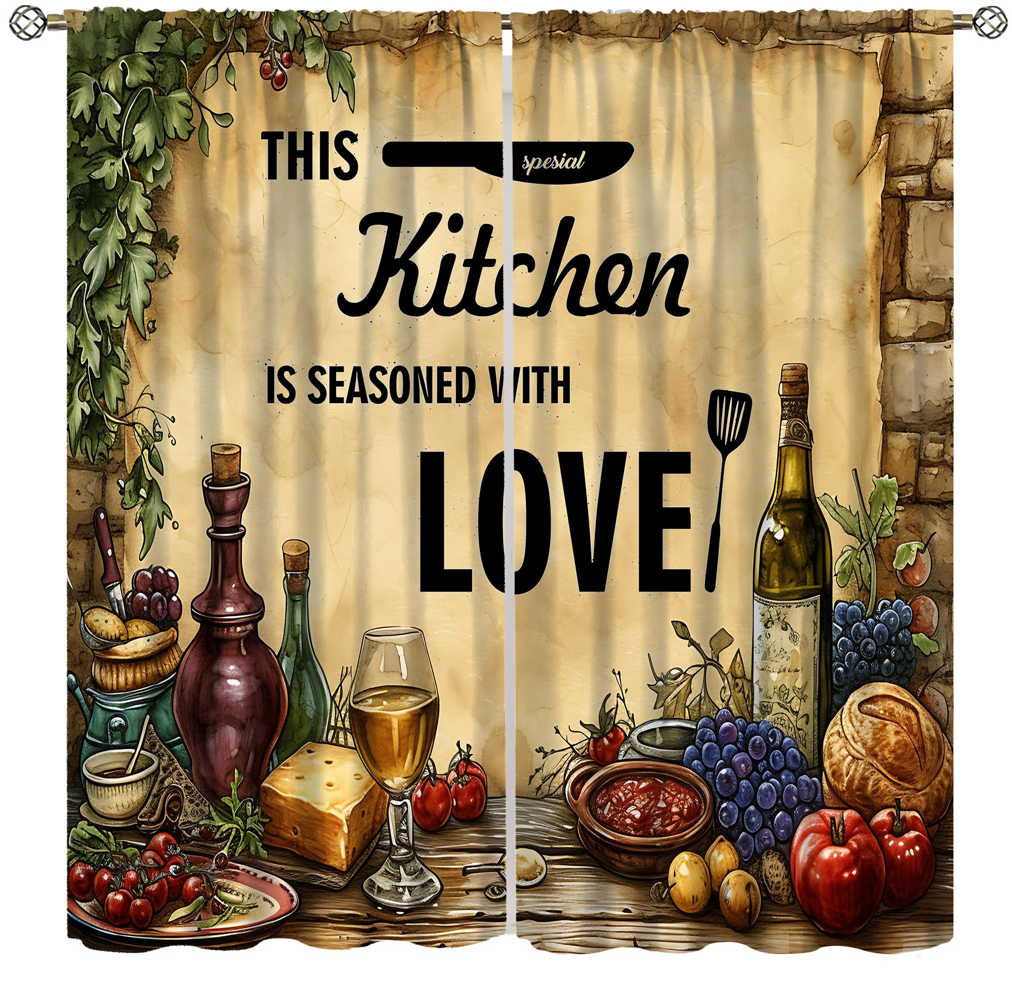 Wine Farmhouse Kitchen Curtains, Vintage Rustic Cartoon Grape Fruit Vegetable Food Wine Gourmet Kitchen Utensils Windows Treatments, Thermal Drapes