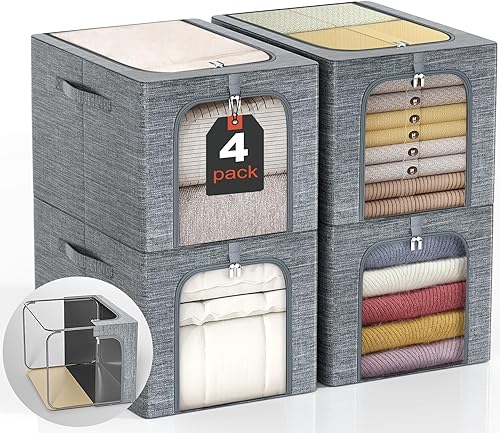 GoMaihe Contenedor de almacenamiento de ropa con marco de metal paquete de 4 contenedores de almacenamiento apilables con tapa y ventana