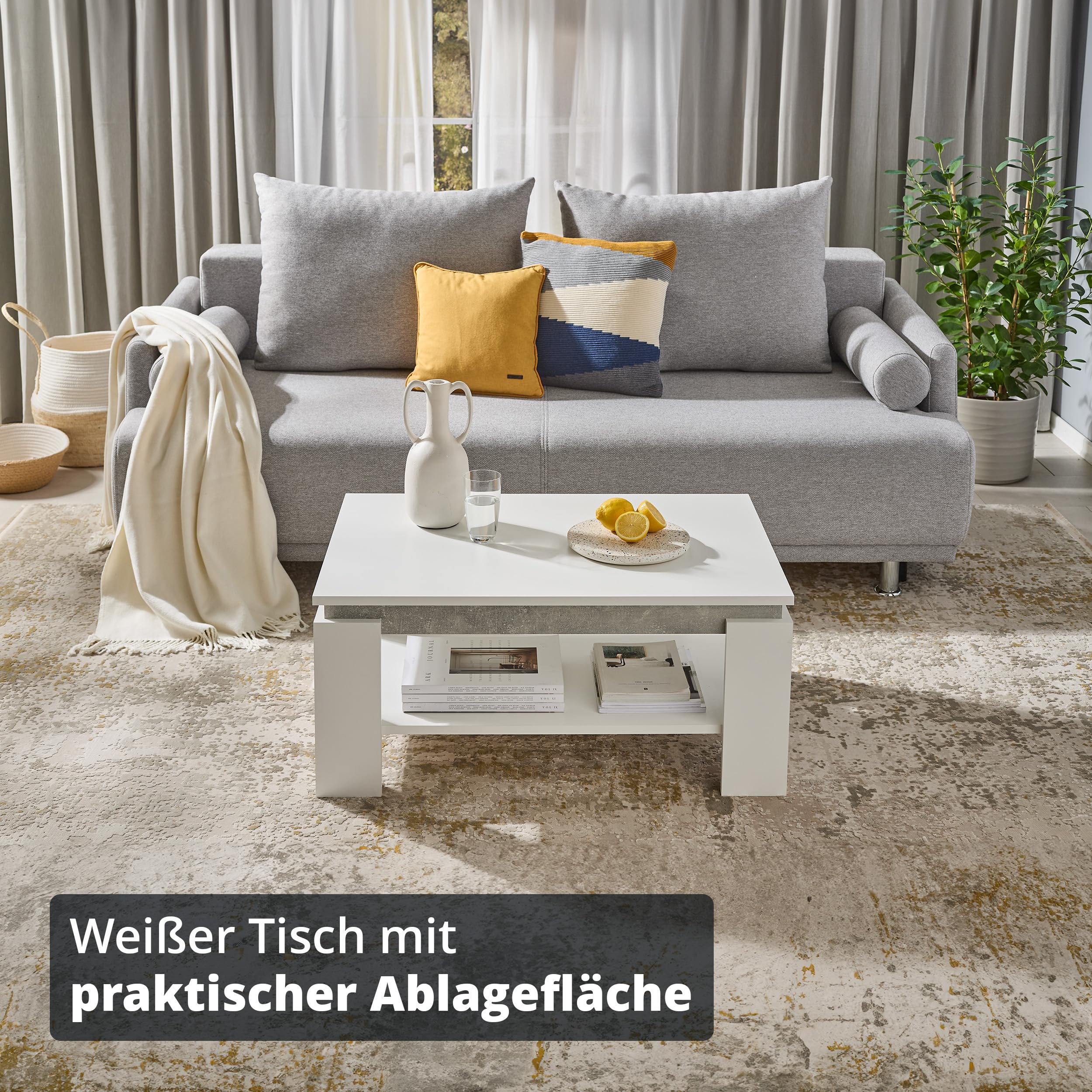 KHG Couchtisch weiß Rechteckig, Ablagefach in Beton-Optik, für Wohnraum | Holzwerkstoff foliert, Sofatisch fürs Wohnzimmer, 25 kg belastbar, 90x60x41 cm, stabil und pflegeleicht, für Zuhause