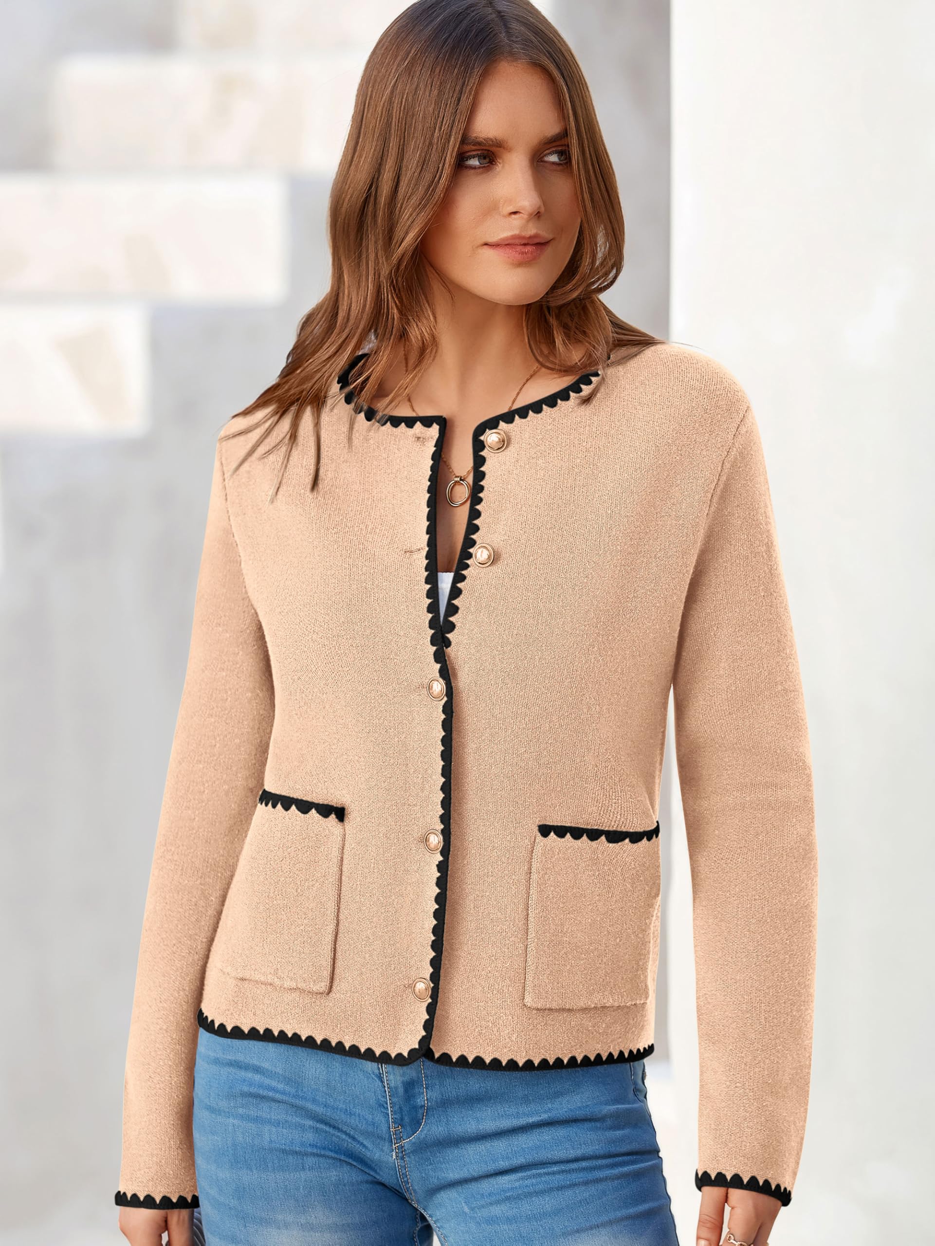 MASCOMODA Cárdigan corto con frente abierto para mujer, para otoño, elegante, casual, manga larga, con botones, chaqueta de tweed de punto para exteriores