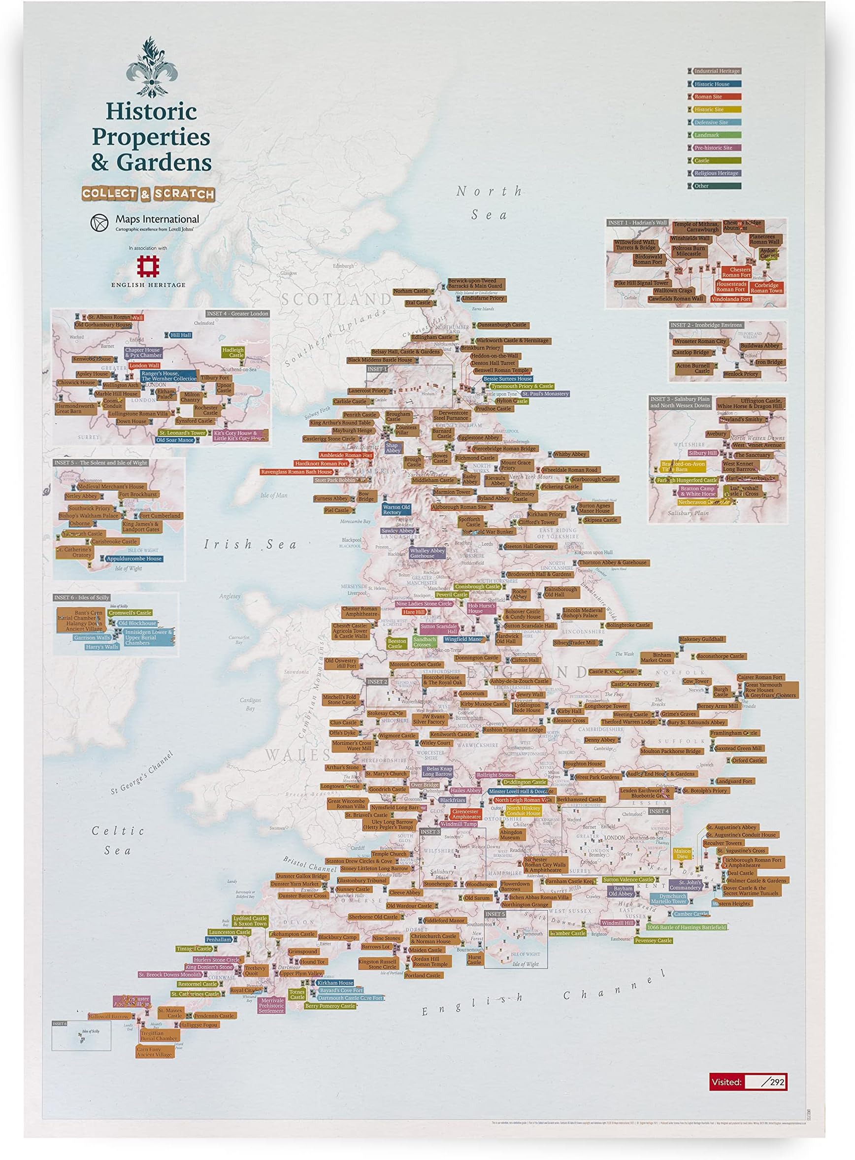 Scratch Off English Heritage Sites - Historic Properties & Gardens Print - Days Out - Places to Visit - Gift Poster - 42 (h) x 59.4 (w) cm