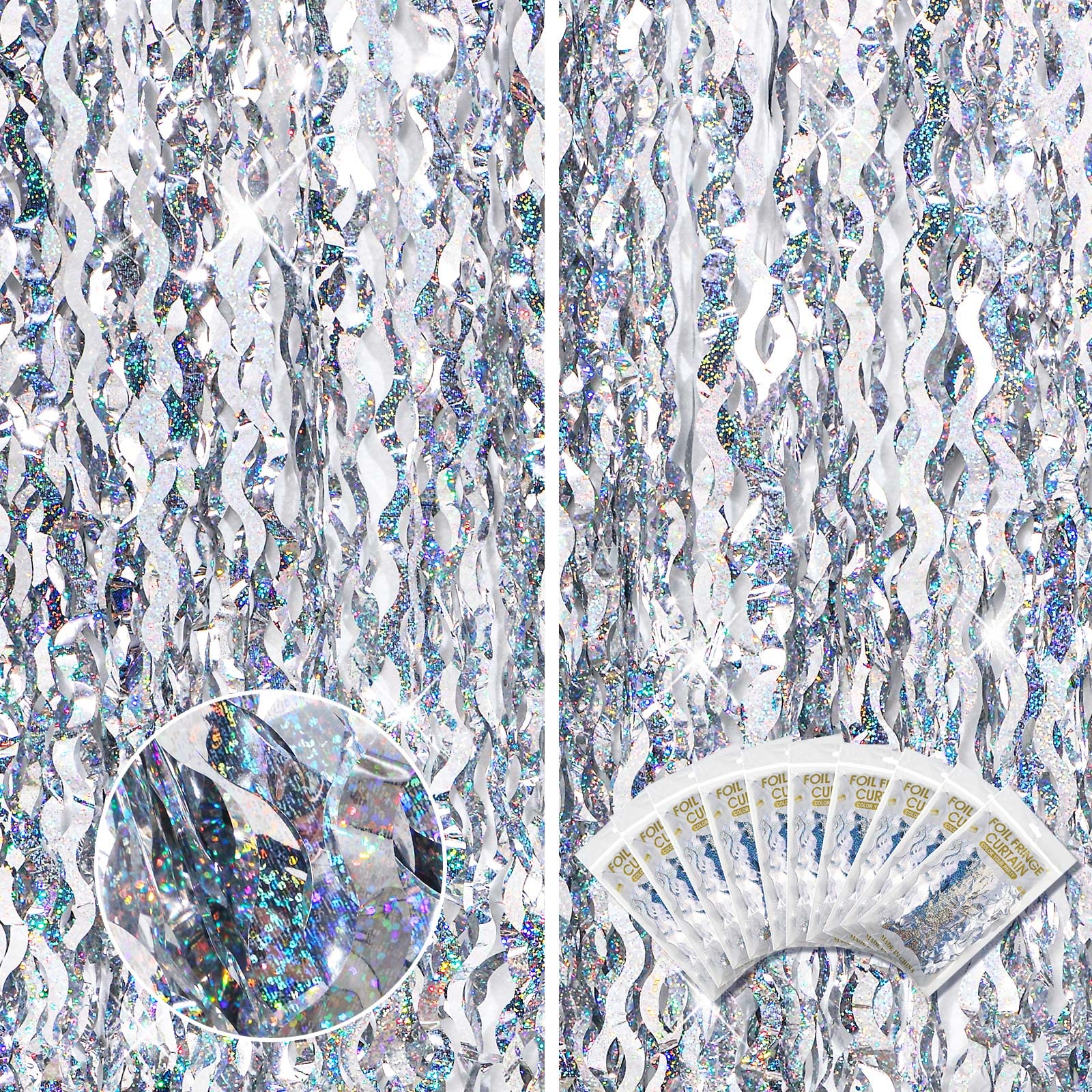 Newwiee Lot de 10 Rideaux à Franges ondulées en Feuille d'aluminium métallique pour décoration de fête d'anniversaire, de Enterrement de Vie de Jeune Fille (Argent) - 1 x 2 m