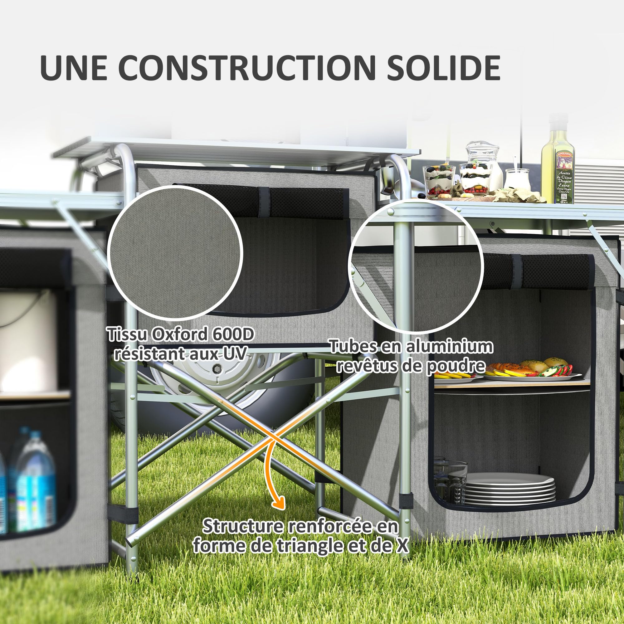 Outsunny Meuble de Cuisine pour Le Camping avec Rangement, Table d'extérieur Pliante Station de Cuisson en Aluminium avec 3 placards en Tissu, Pare-Brise, Support d'éclairage, Sac de Transport Gris
