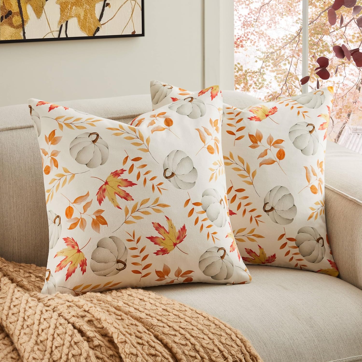 100% Cotton Fall Pillow Covers Set of 2, 24x24 Inch Pumpkin & Maple Leaf Print Farmhouse Thanksgiving Throw Pillow Covers Cushion Case Fall Home Decor for Sofa Bed Living Room
